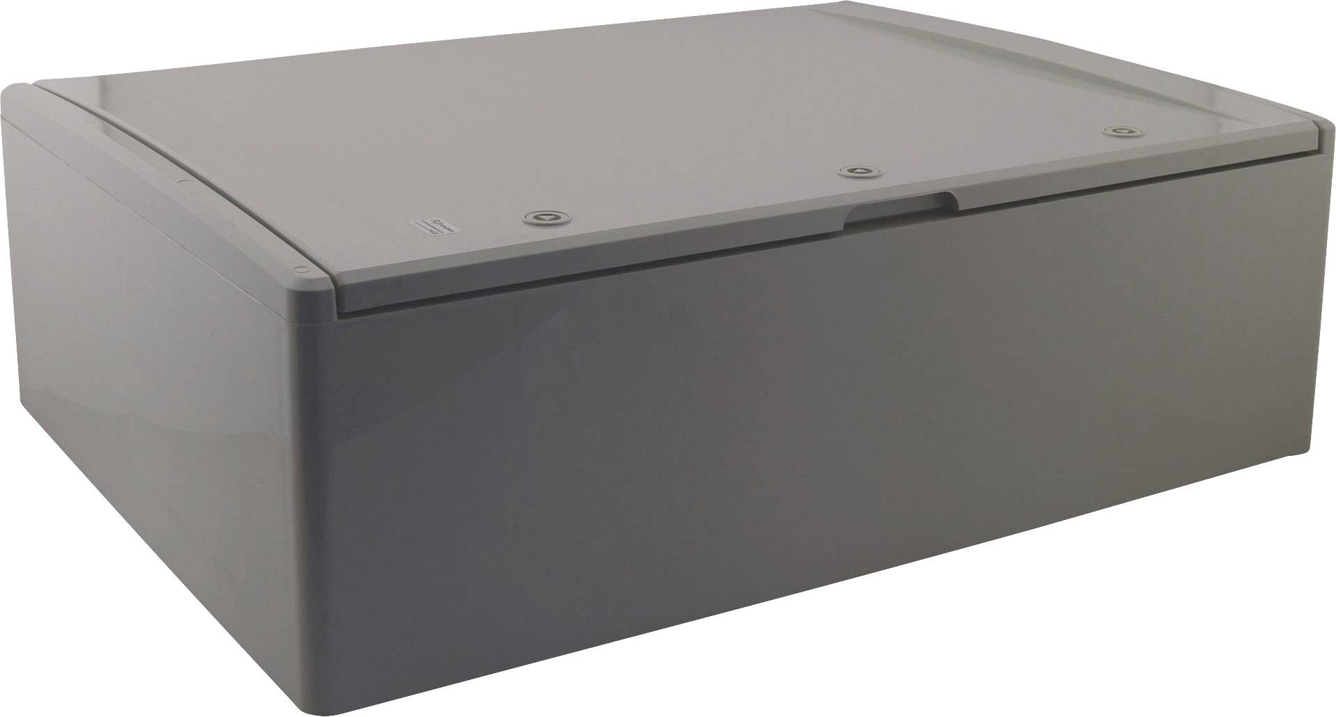 Szare prostokątne obudowa z zdejmowaną pokrywą, odpowiednia do zastosowań elektronicznych lub ochronnych.