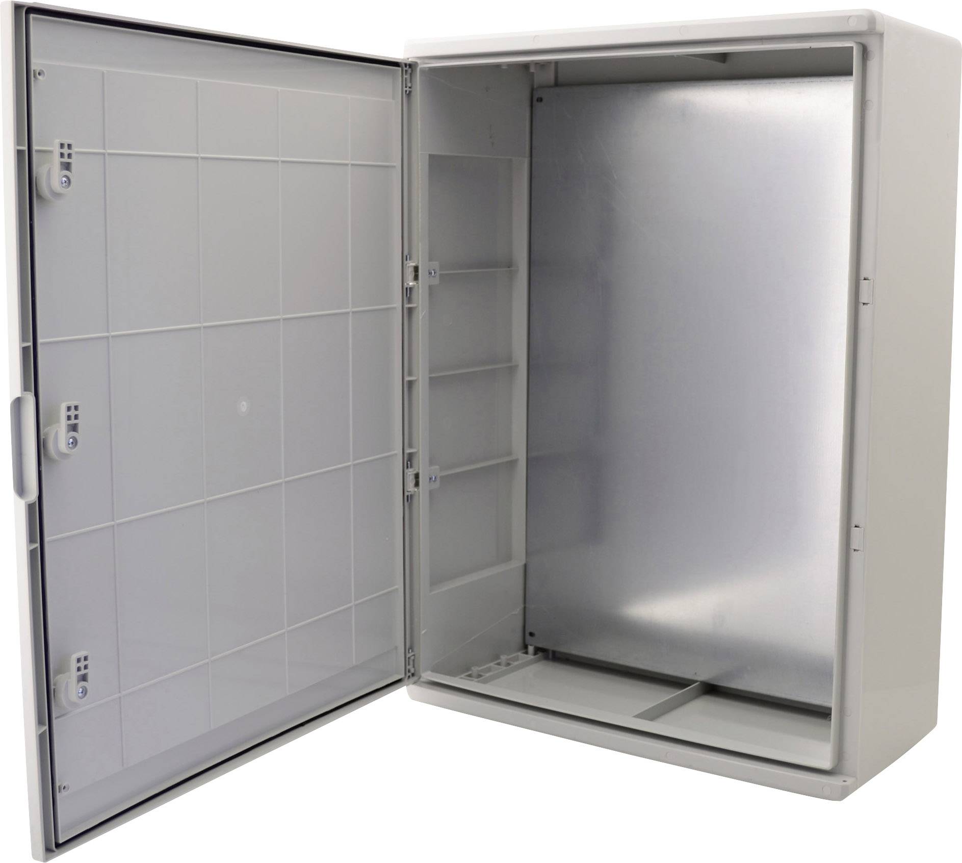 Otwarty, pusty, szary metalowy szafka z wieloma półkami. Szafka ma drzwi z klamką po lewej stronie.