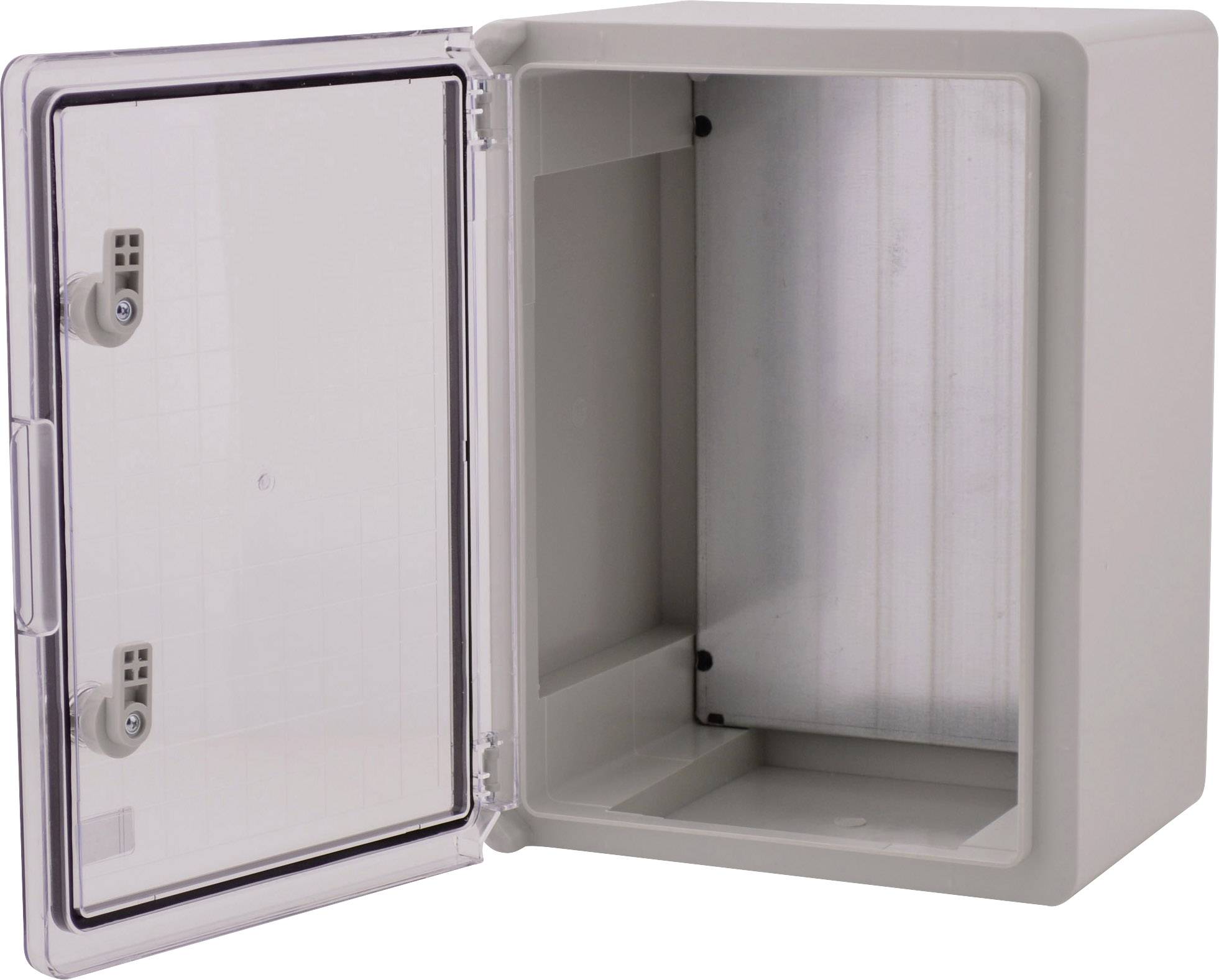 Jasnoszara szafka z tworzywa sztucznego z otwartymi drzwiami. W środku nie widać żadnych półek ani przegródek. Drzwi wyposażone są w dwa mechanizmy zamykające.