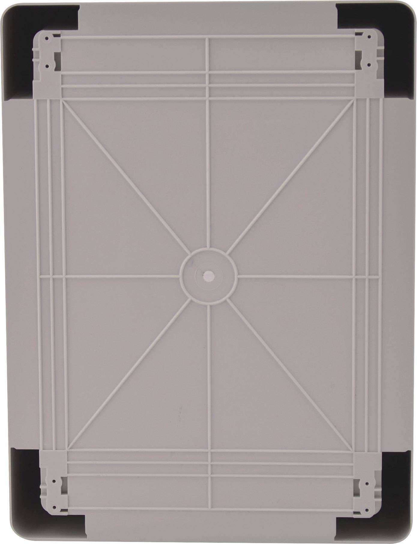 Tylna strona prostokątnego elementu plastikowego z żebrami i wzmocnieniami podporowymi.