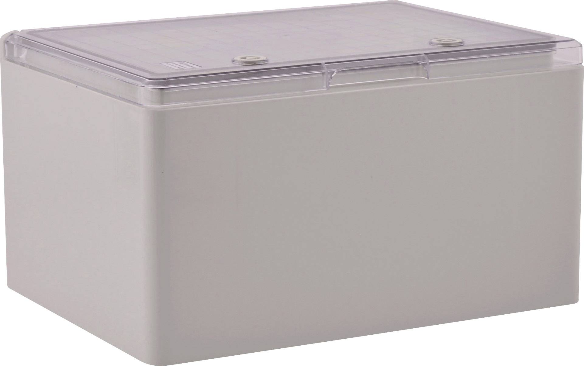 Prostokątny, szary pojemnik z tworzywa sztucznego z przezroczystą pokrywką i dwoma elementami mocującymi na górze, przeznaczony do przechowywania.