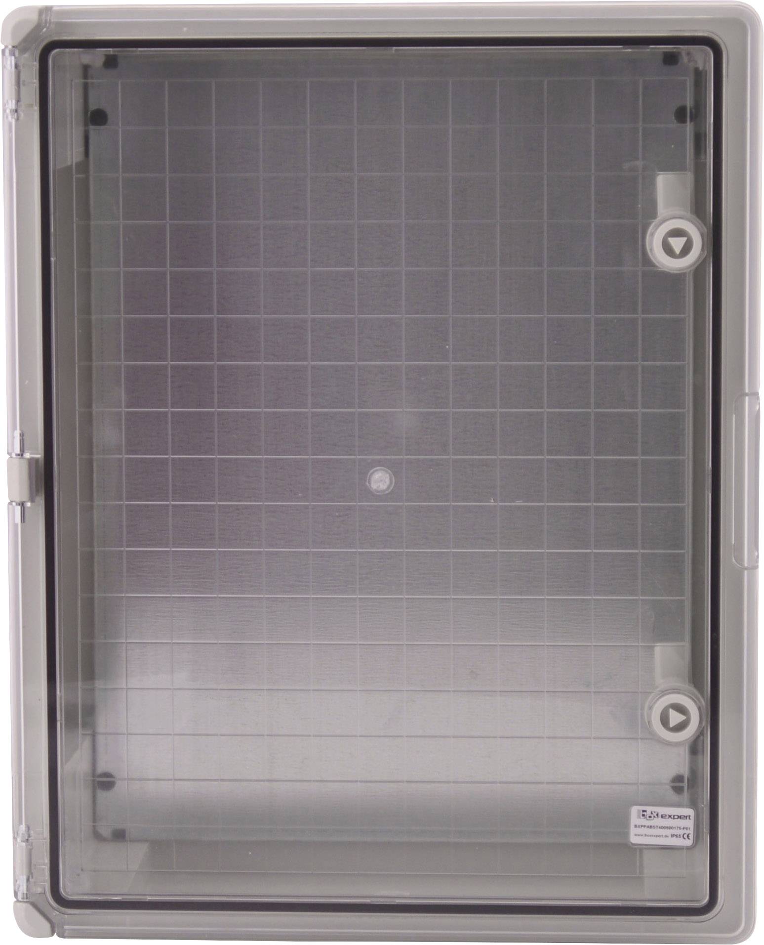 Szare, prostokątne, przezroczyste obudowa z wzorem kratowym, dwoma zamknięciami po prawej stronie i śrubą pośrodku.