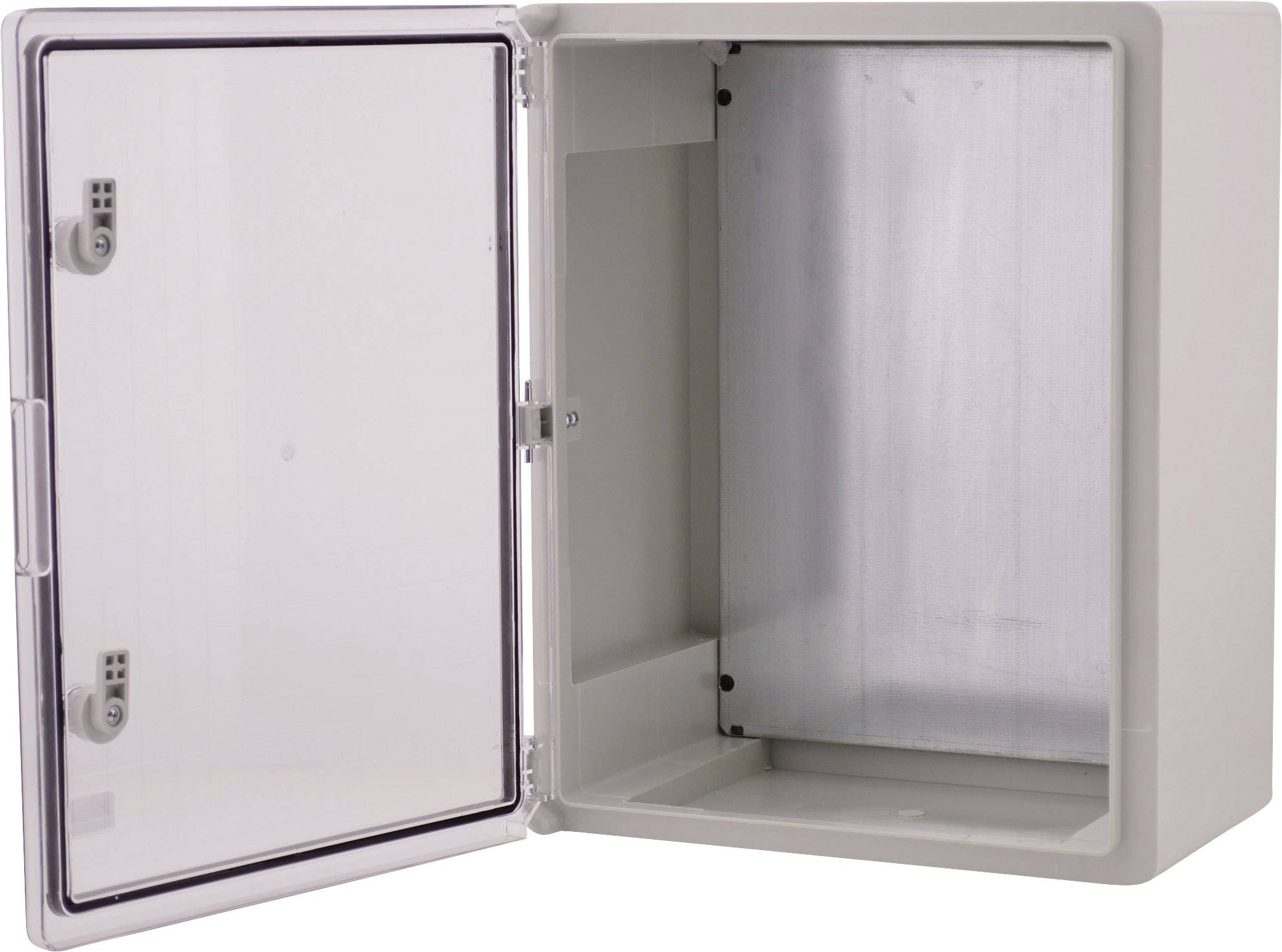 Otwarty rozdzielacz naścienny z przezroczystymi drzwiczkami i pustymi wewnętrznymi płytami metalowymi.