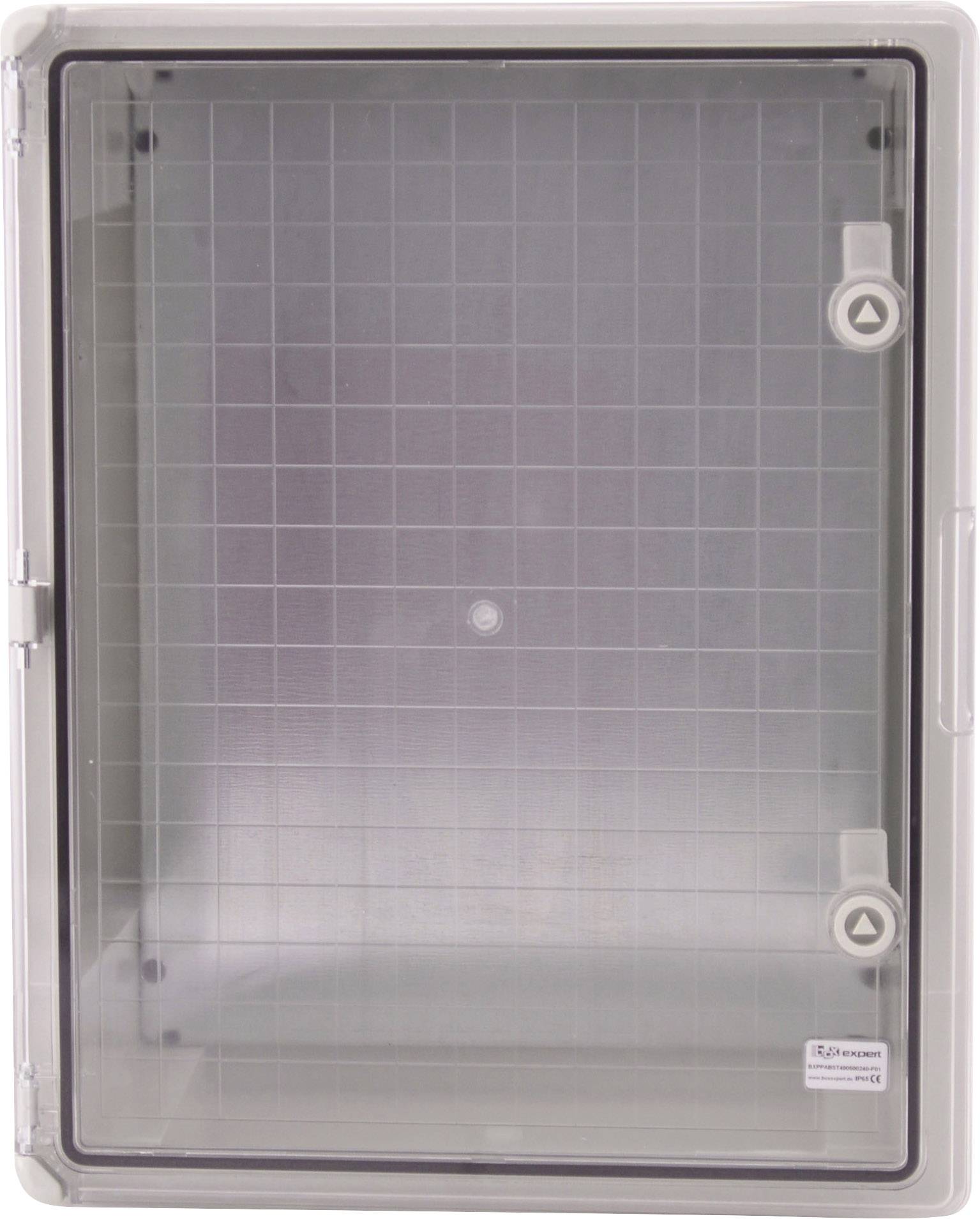 Pusty, przezroczysty plastikowy pojemnik z wzorem kratowym i zamknięciami po prawej stronie.