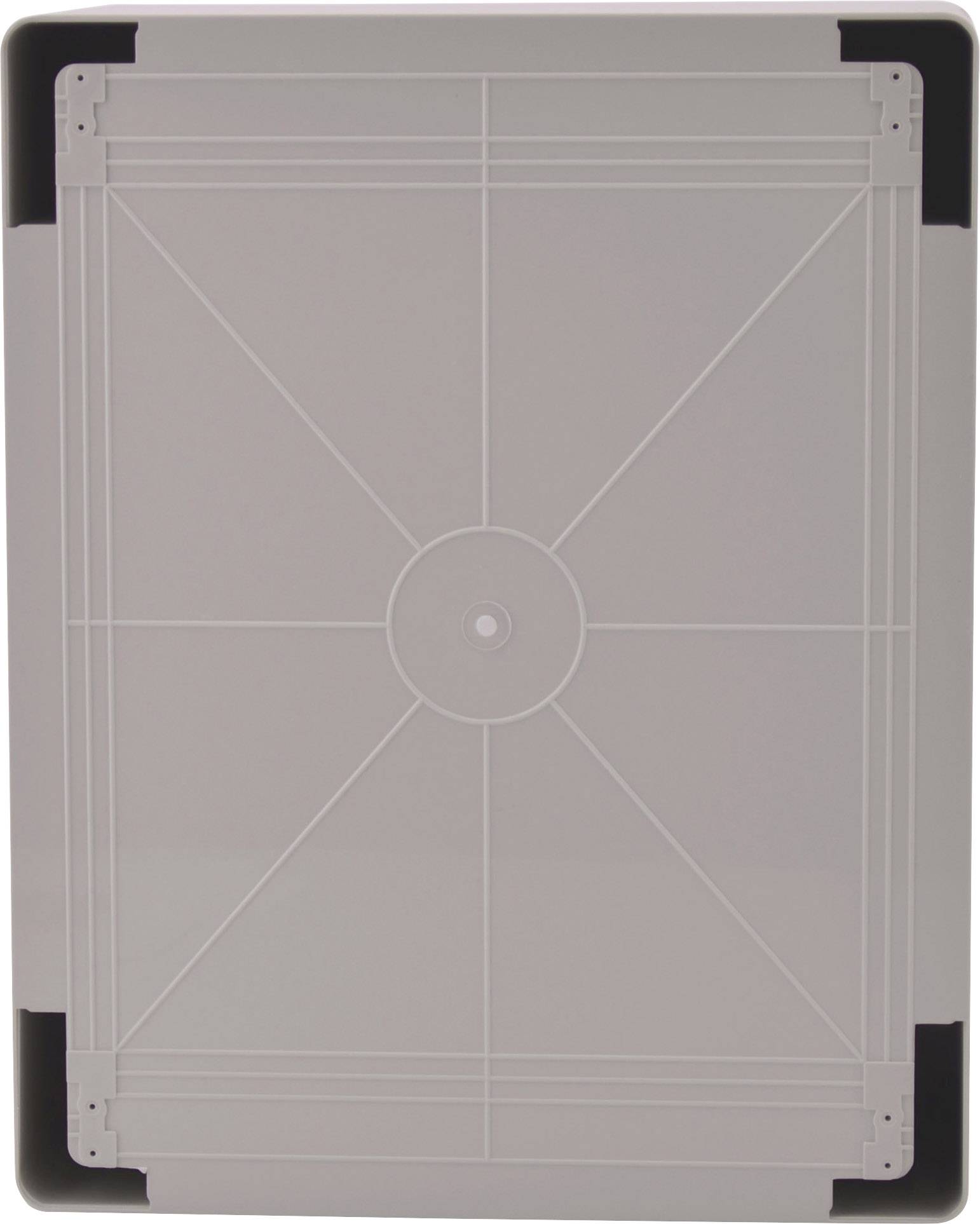 Prostokątna, szara taca z czarnymi narożnikami i kołowym wzorem pośrodku.