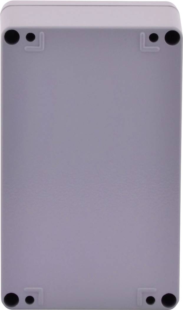 Szara, prostokątna plastikowa skrzynka z zaokrąglonymi narożnikami, w każdym rogu znajduje się czarna śruba. Tylna strona obudowy.