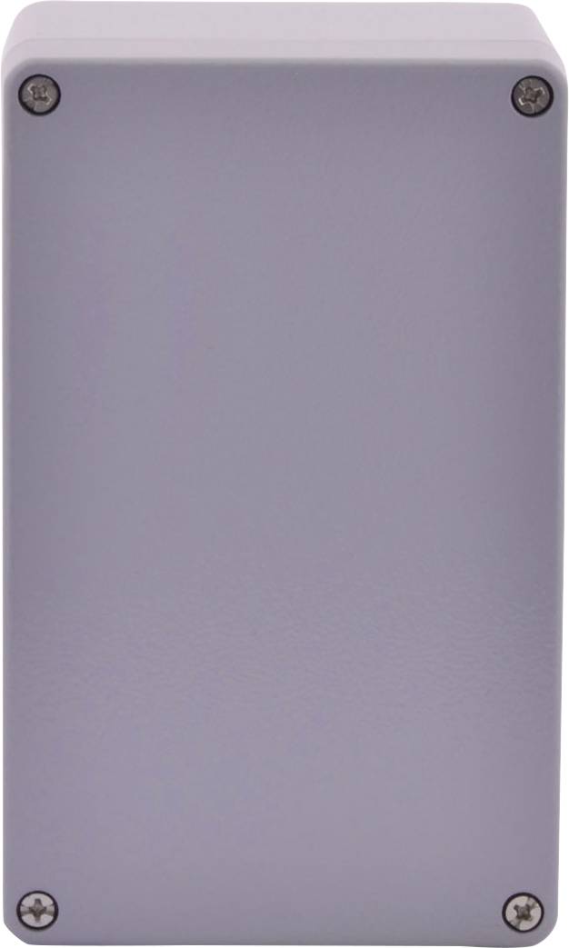 Szary, prostokątny metalowy pojemnik z czterema widocznymi śrubami w narożnikach.