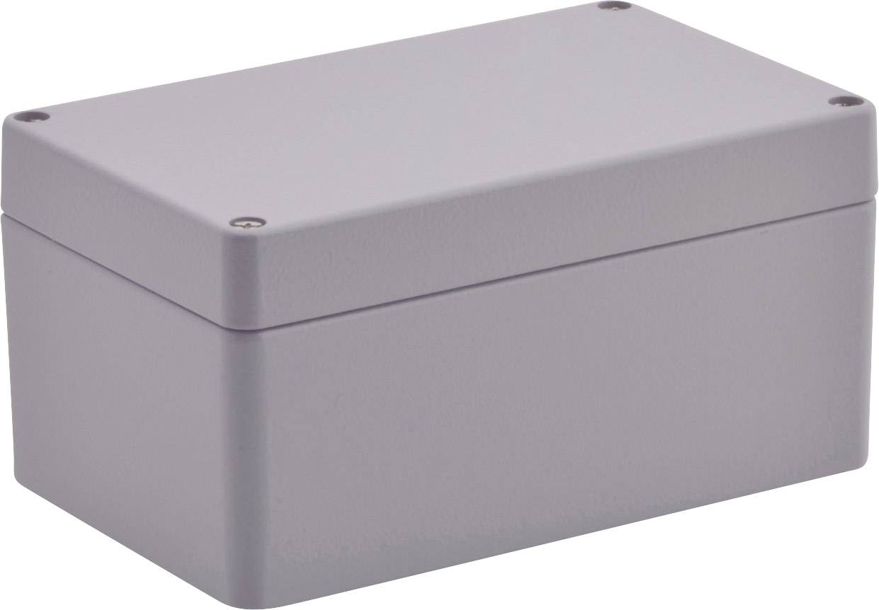 Prostokątna, szara obudowa z przykręcaną pokrywą. Odpowiednia do zabezpieczania elementów elektronicznych.