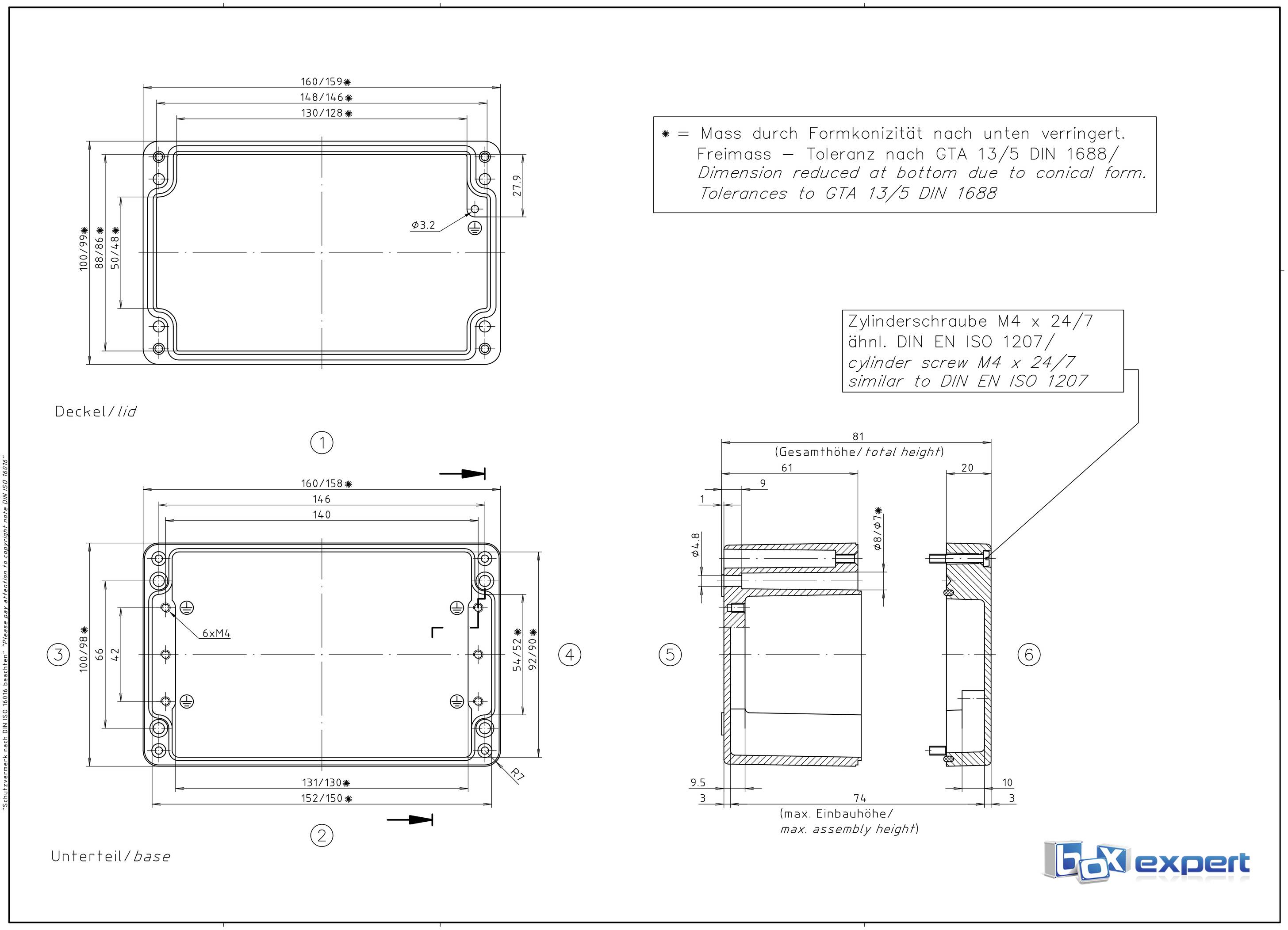 Rysunek techniczny prostokątnej obudowy z przykryciem, składającej się z pokrywy i dolnej części. Wskazane są wymiary, tolerancje oraz informacje dotyczące mocowania śrub.