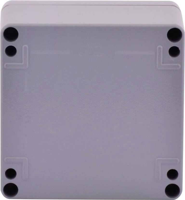 Kwadratowa, szara obudowa z tworzywa sztucznego z ośmioma otworami na śruby w narożnikach, prawdopodobnie przeznaczona do zastosowań elektronicznych.