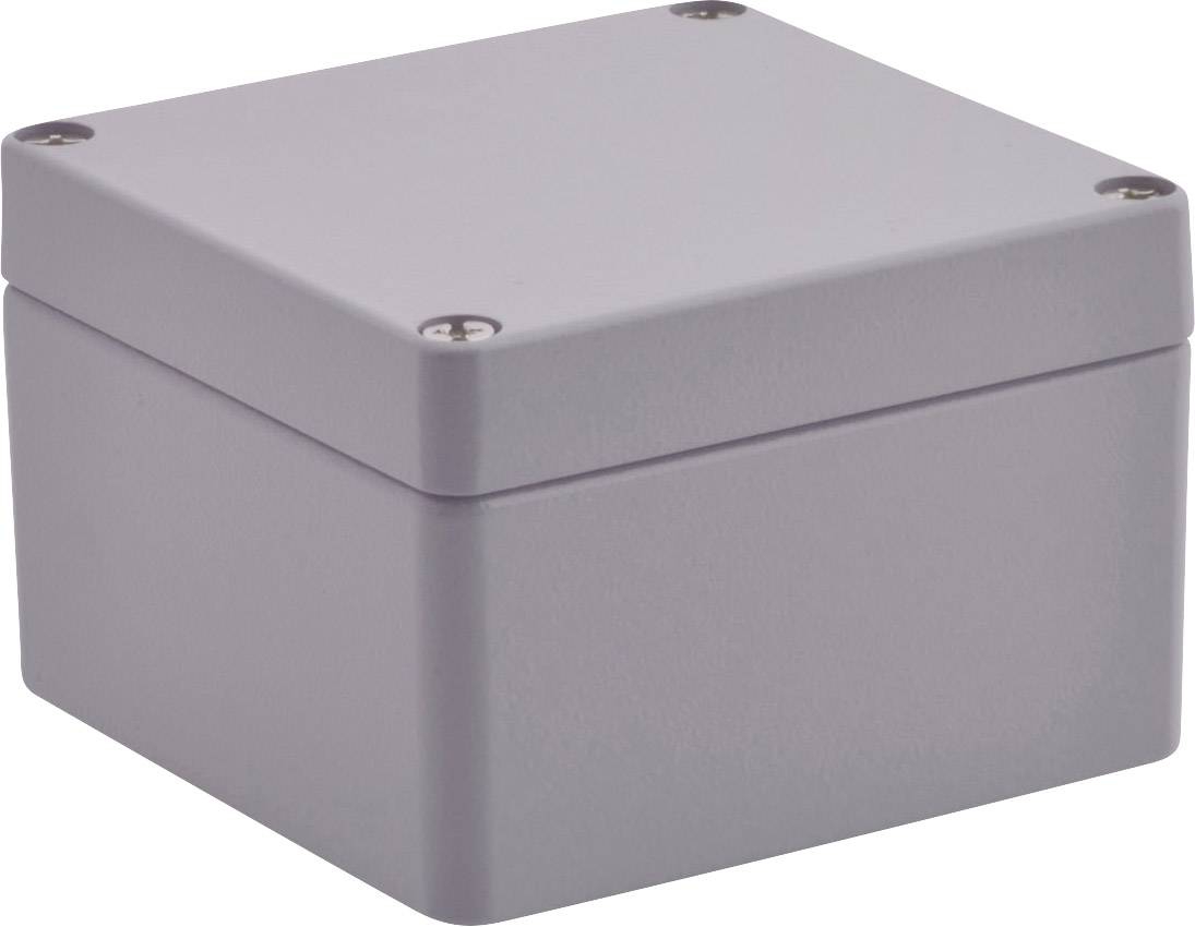 Szary, prostokątny pojemnik z tworzywa sztucznego z czterema śrubami w narożnikach.