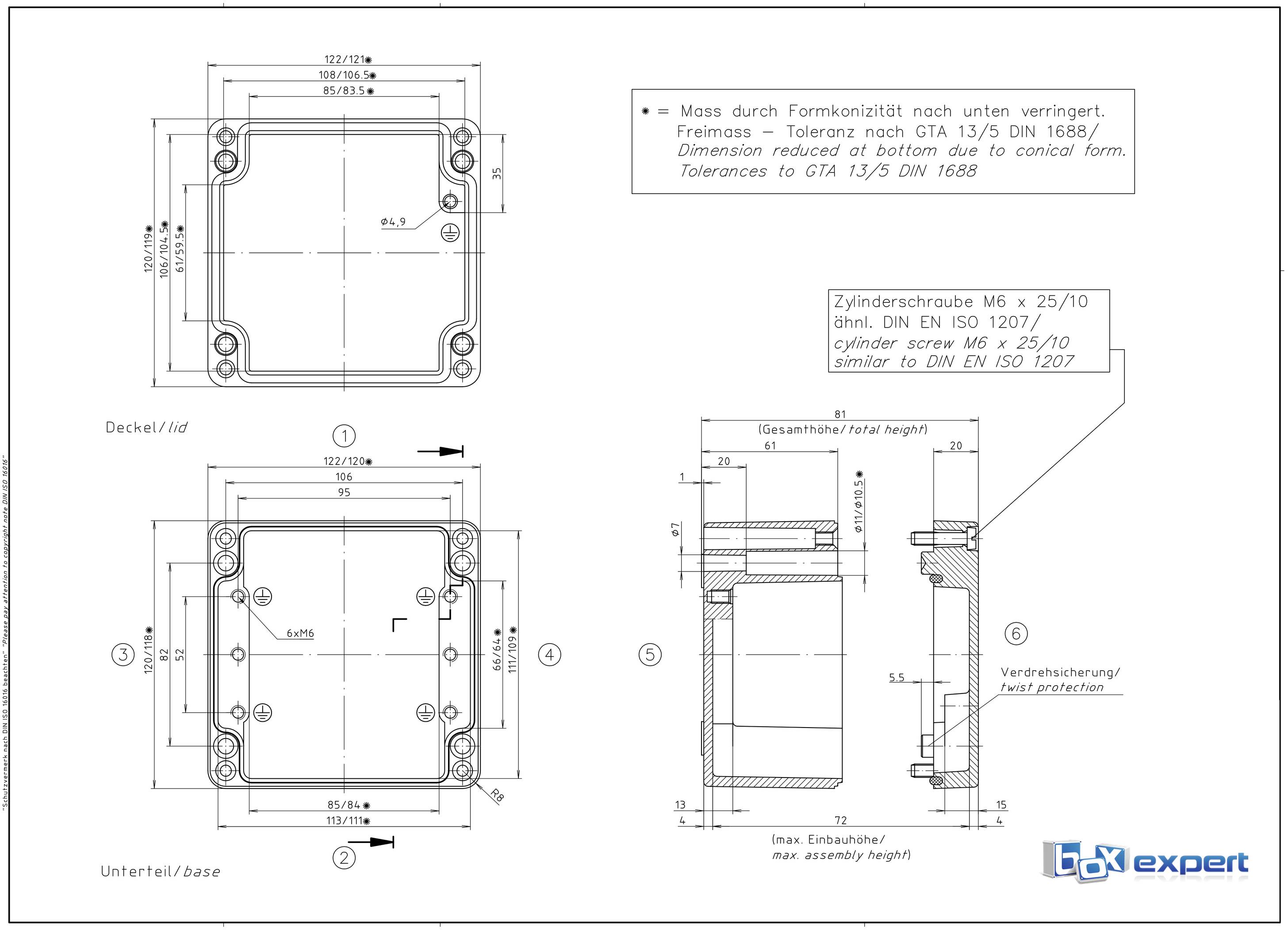 Rysunek techniczny obudowy z wymiarowaniem i specyfikacją materiałową. Widoki z góry i z boku wraz ze szczegółami otworów.