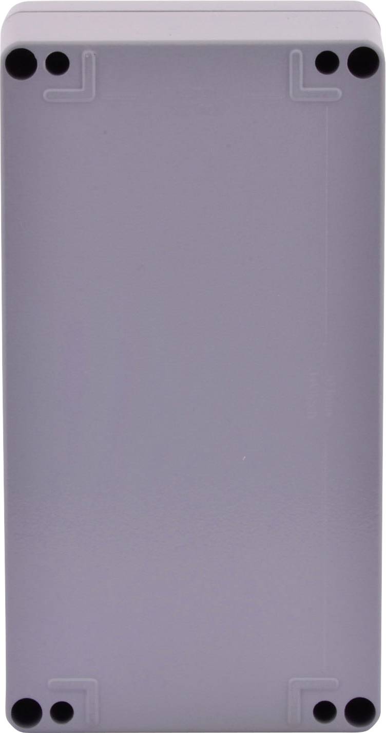 Prostokątna, szara skrzynka elektryczna o zaokrąglonych rogach z ośmioma otworami na krawędziach, prawdopodobnie do mocowania.