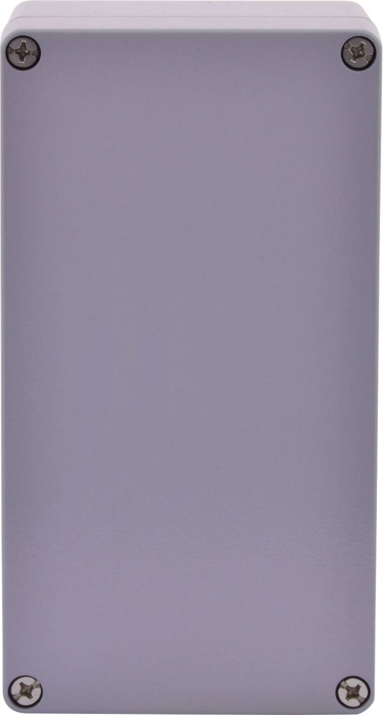 Szare, prostokątne metalowe obudowanie z czterema śrubami w narożnikach.