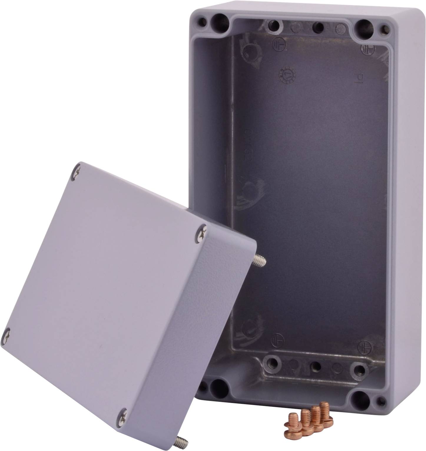 Obudowa z tworzywa sztucznego z zdejmowaną pokrywą i śrubami, odpowiednia do instalacji elektrycznych lub projektów elektronicznych.