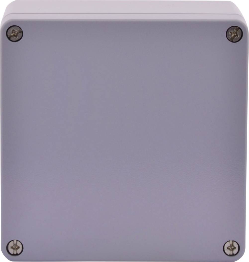 Szara, kwadratowa plastikowa skrzynka z wkrętami w narożnikach; prawdopodobnie puszka przyłączeniowa.