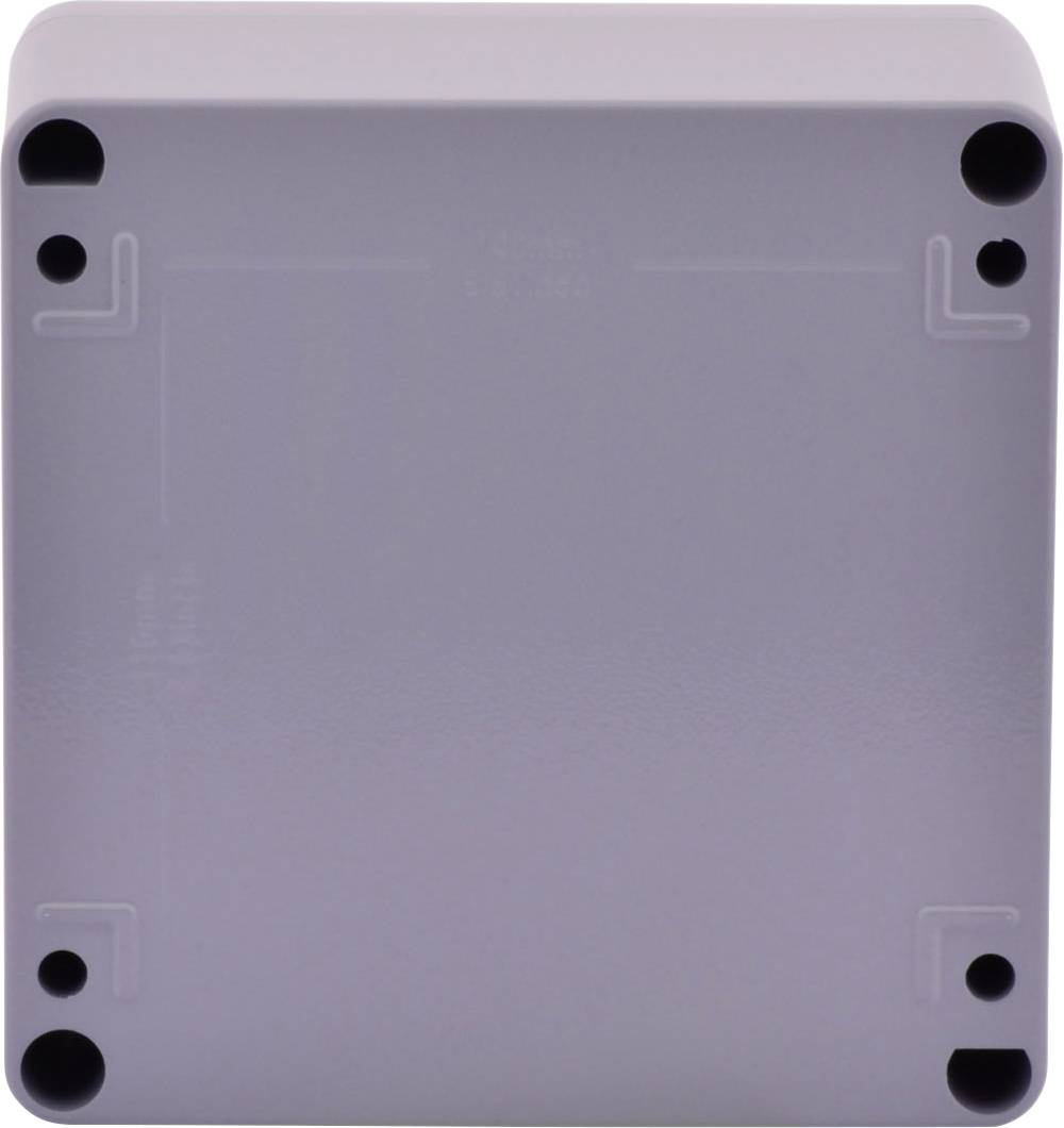 Szaro-biała plastikowa skrzynka z czterema czarnymi otworami na śruby w narożnikach.