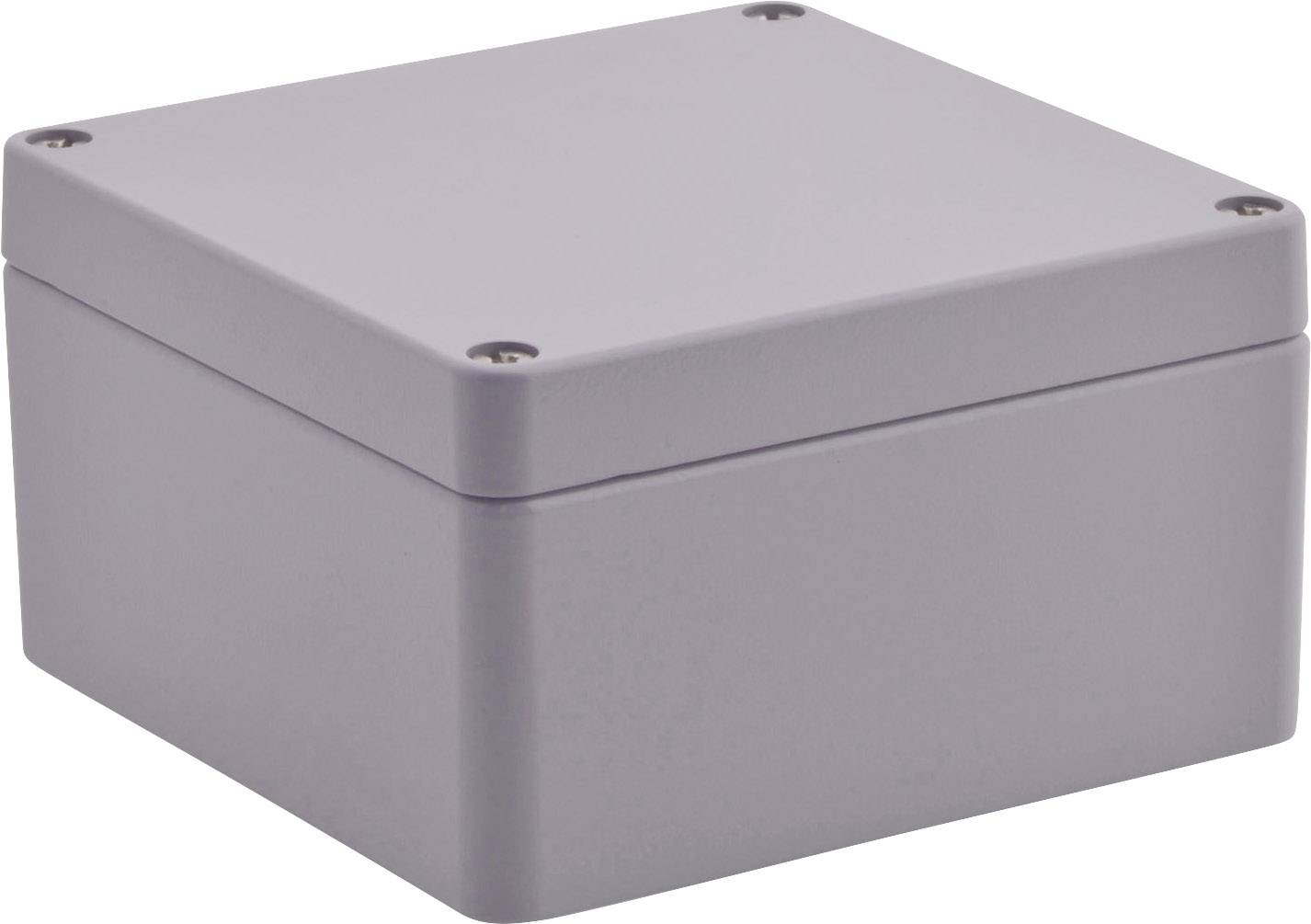 Szara, kwadratowa obudowa z tworzywa sztucznego z czterema śrubami w narożnikach, odpowiednia do projektów elektronicznych lub jako skrzynka rozdzielcza.