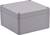 Szara, kwadratowa obudowa z tworzywa sztucznego z czterema śrubami w narożnikach, odpowiednia do projektów elektronicznych lub jako skrzynka rozdzielcza.
