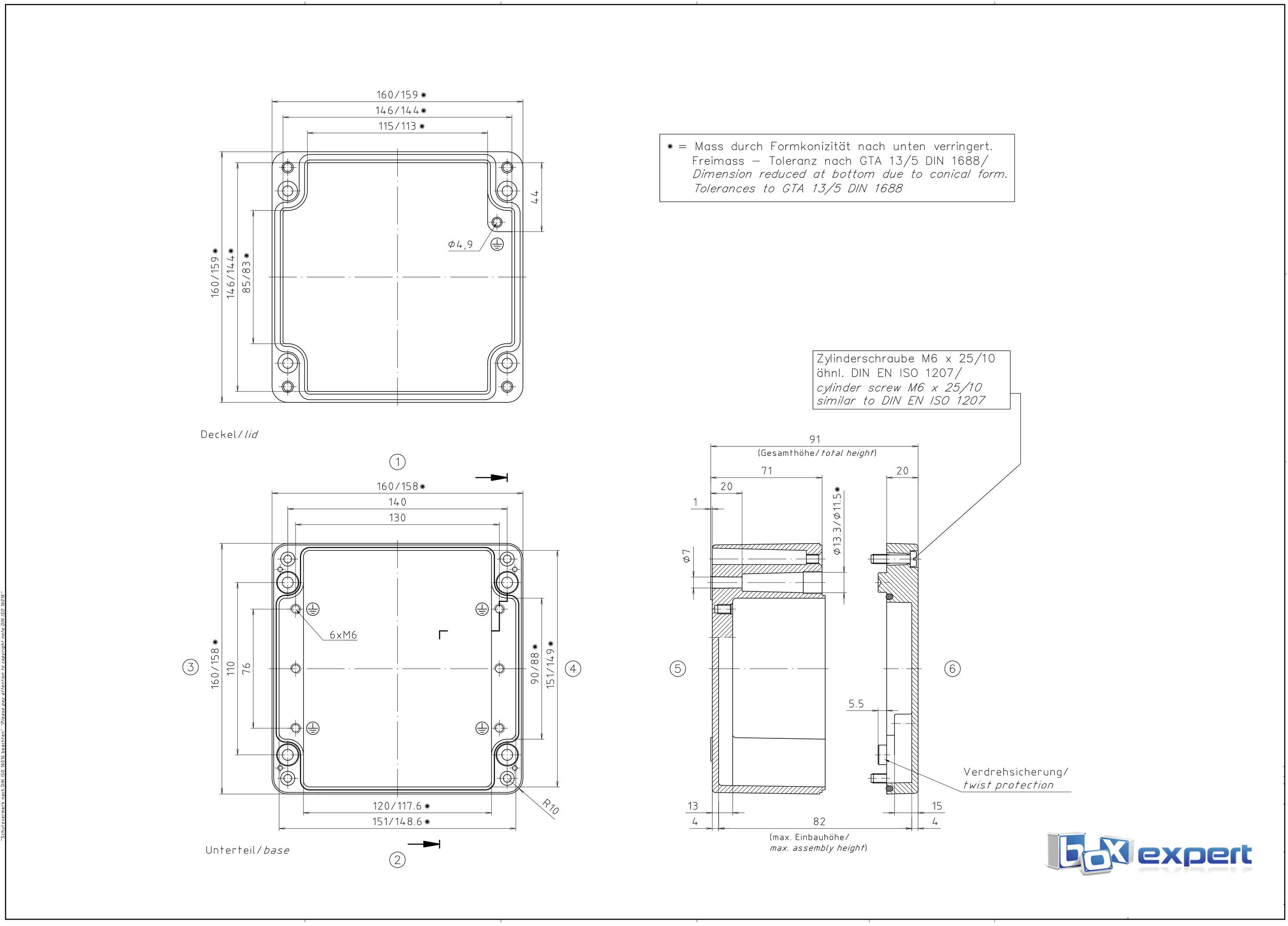 Rysunek techniczny prostokątnej obudowy z wymiarami i specyfikacjami. Widok z boku i z przodu wraz ze szczegółowymi informacjami.