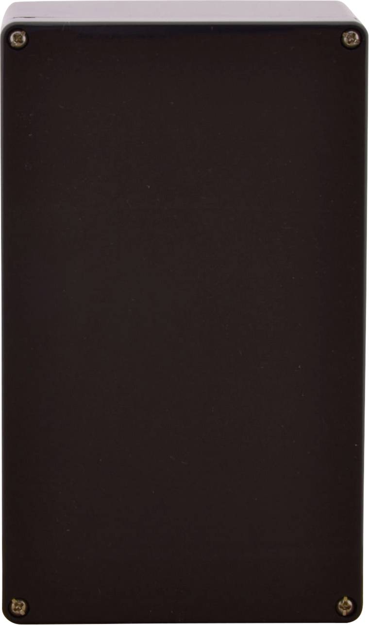 Prostokątne, czarne pudełko z tworzywa sztucznego, które prawdopodobnie służy do przechowywania lub obudowy elementów elektrycznych lub elektronicznych.