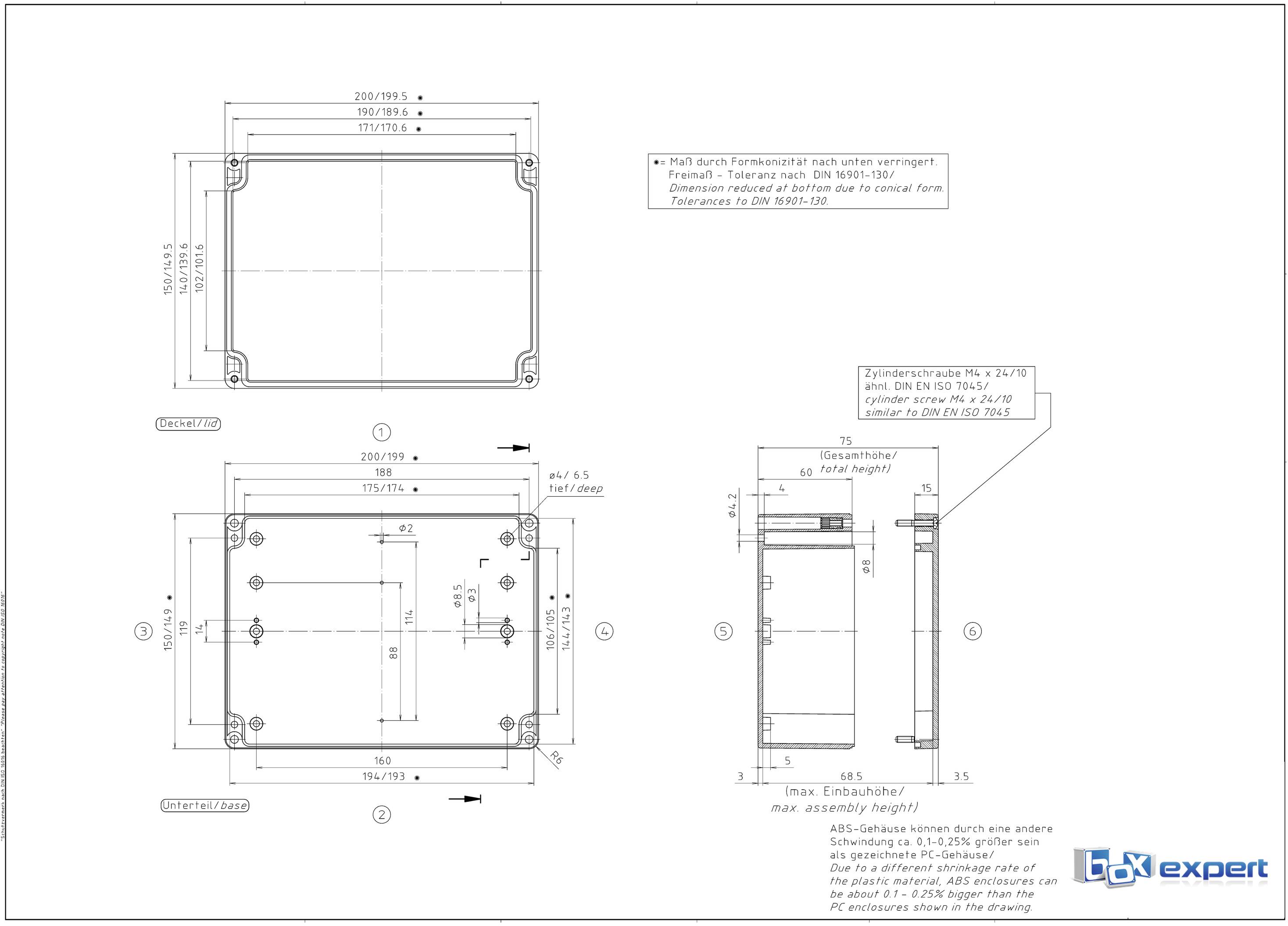 Rysunek techniczny prostokątnej obudowy ze szczegółowymi wymiarami oraz uwagami dotyczącymi montażu i charakterystyki materiału.