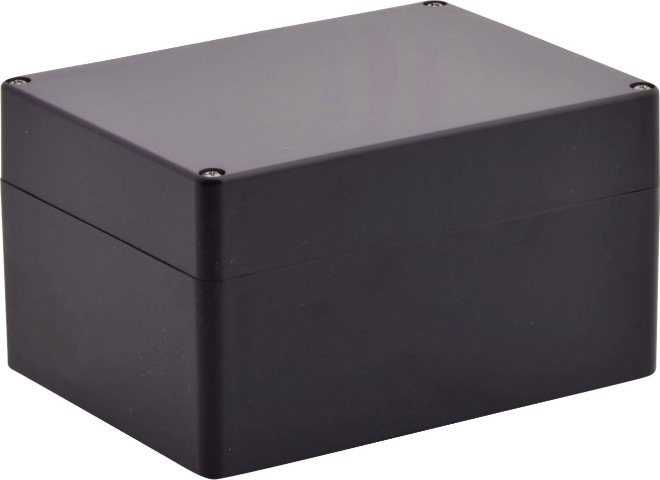 Czarny, prostokątny korpus z tworzywa sztucznego z zaokrąglonymi krawędziami, przeznaczony do montażu komponentów elektronicznych.