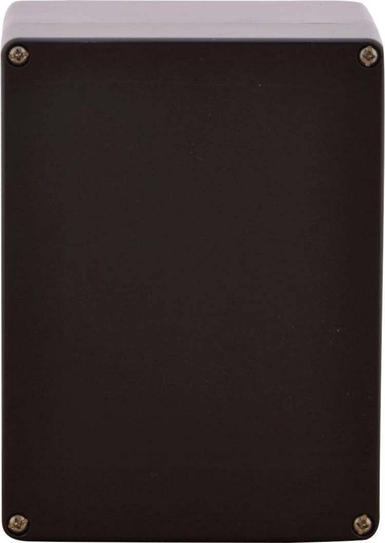 Prostokątna, czarna obudowa z widocznymi śrubami w narożnikach.