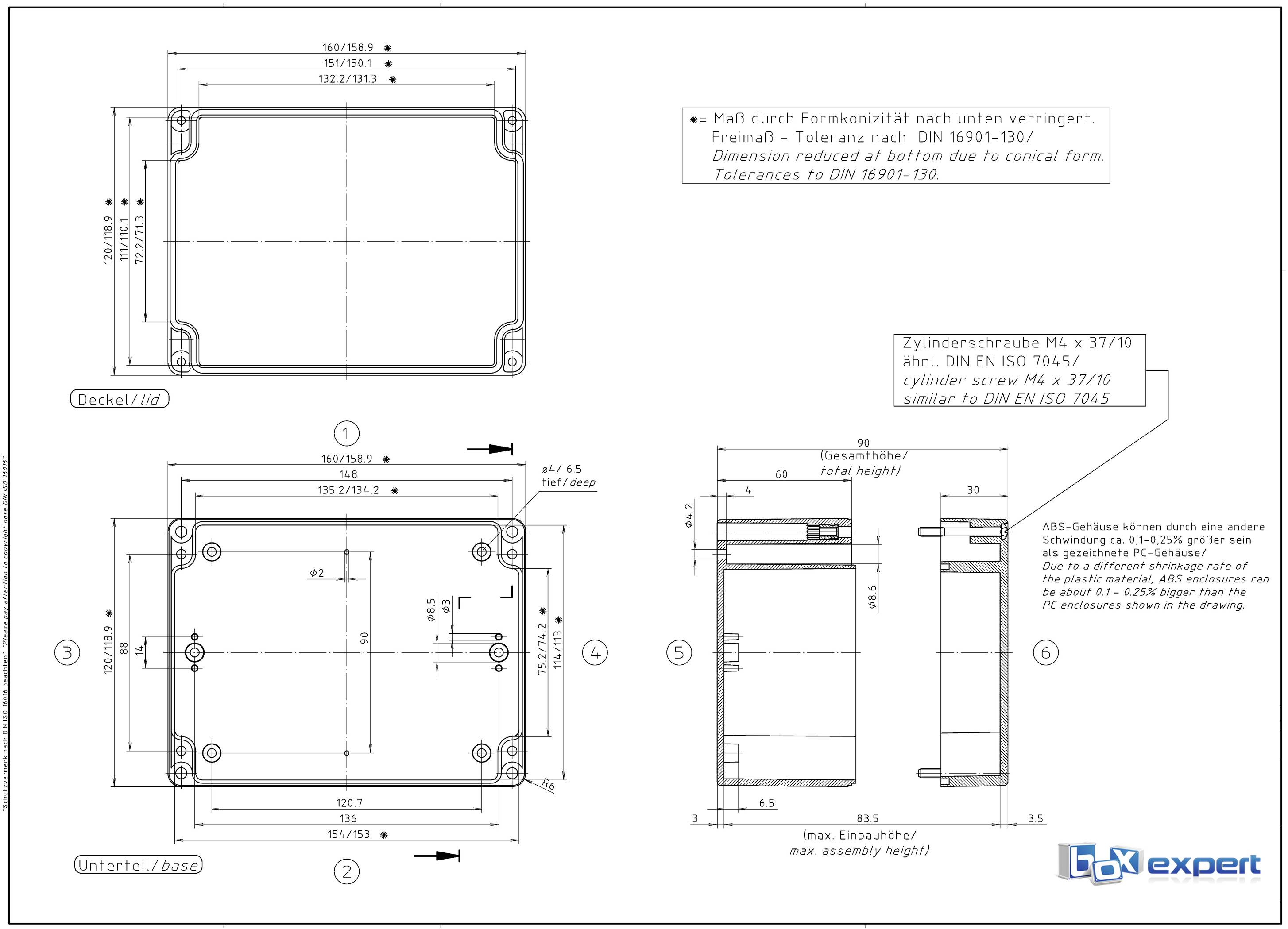 Rysunek techniczny obudowy prostokątnej z wymiarami oraz widokami z góry i z boku. Tekst opisuje tolerancje i normy.