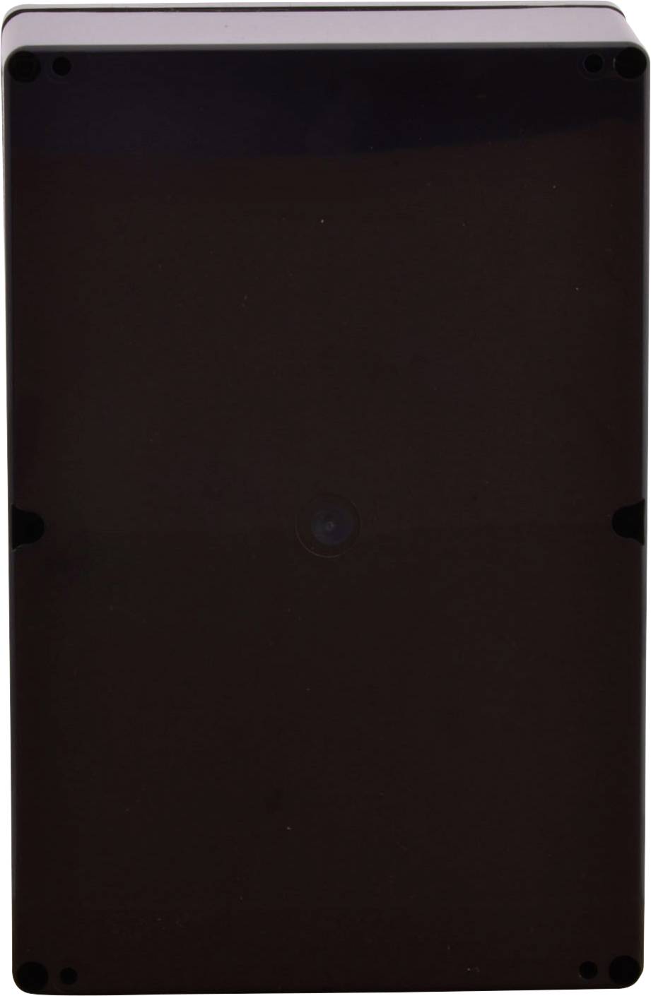 Prostokątne, ciemne pudełko metalowe o zaokrąglonych rogach. Bez widocznych szczegółów lub oznaczeń.