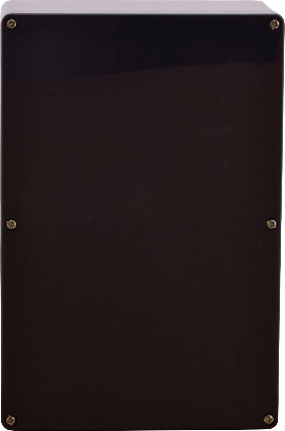 Czarny prostokątny pojemnik z gładką, błyszczącą powierzchnią i sześcioma widocznymi śrubami w narożnikach.