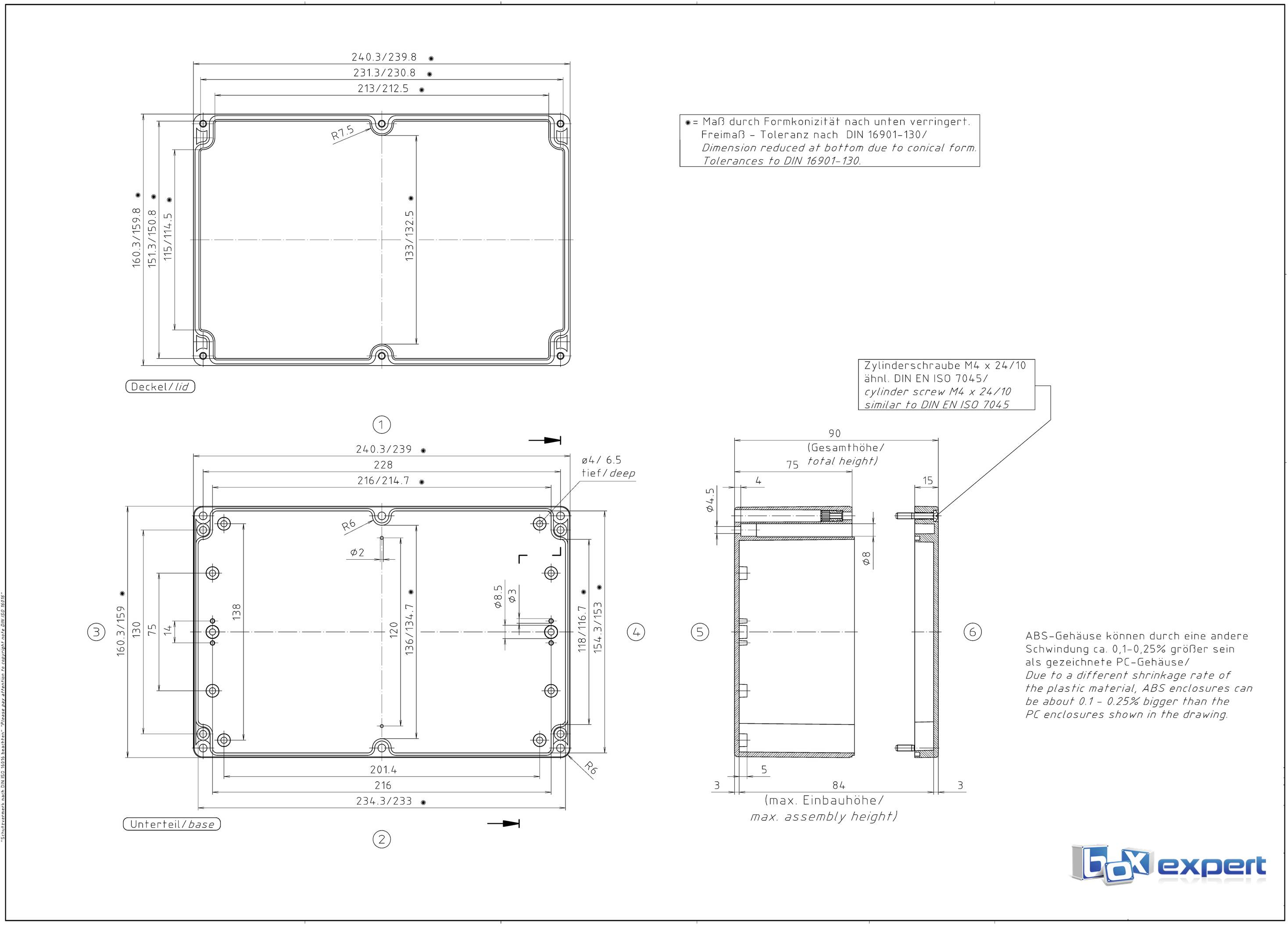 Rysunek techniczny prostokątnej obudowy z wymiarami oraz oznaczeniami punktów mocowania i śrub. Cel: montaż obudowy.