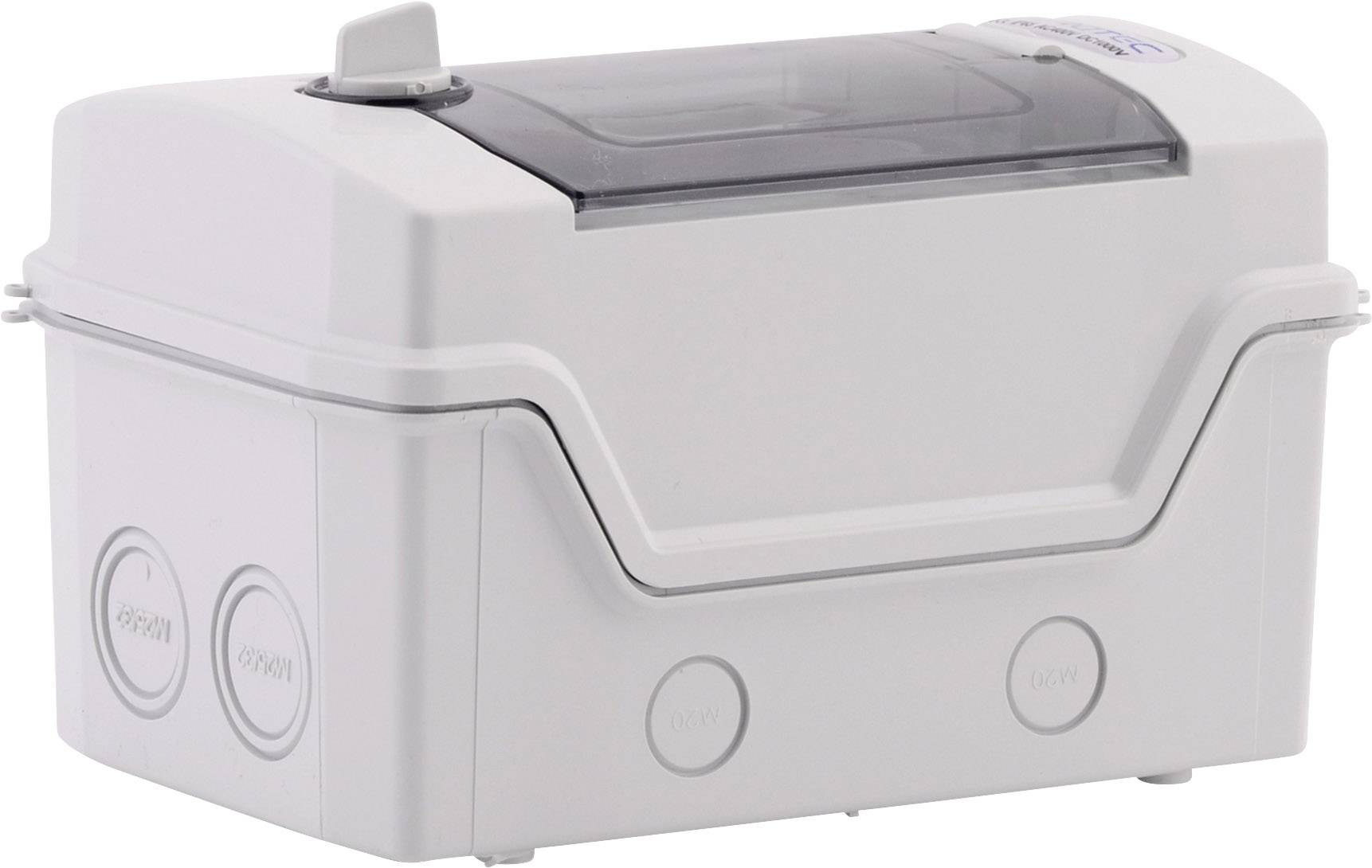 Wodoszczelne przyłącze elektryczne, prostokątne, wykonane z szarego tworzywa sztucznego z klapką zabezpieczającą, nadające się do instalacji zewnętrznych.