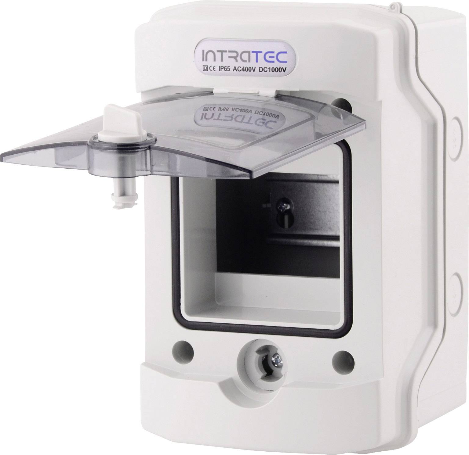 Elektryczna osłona ochronna z przezroczystą pokrywą, odpowiednia dla napięcia stałego do 1000V, z napisem 'INTRATEC'.