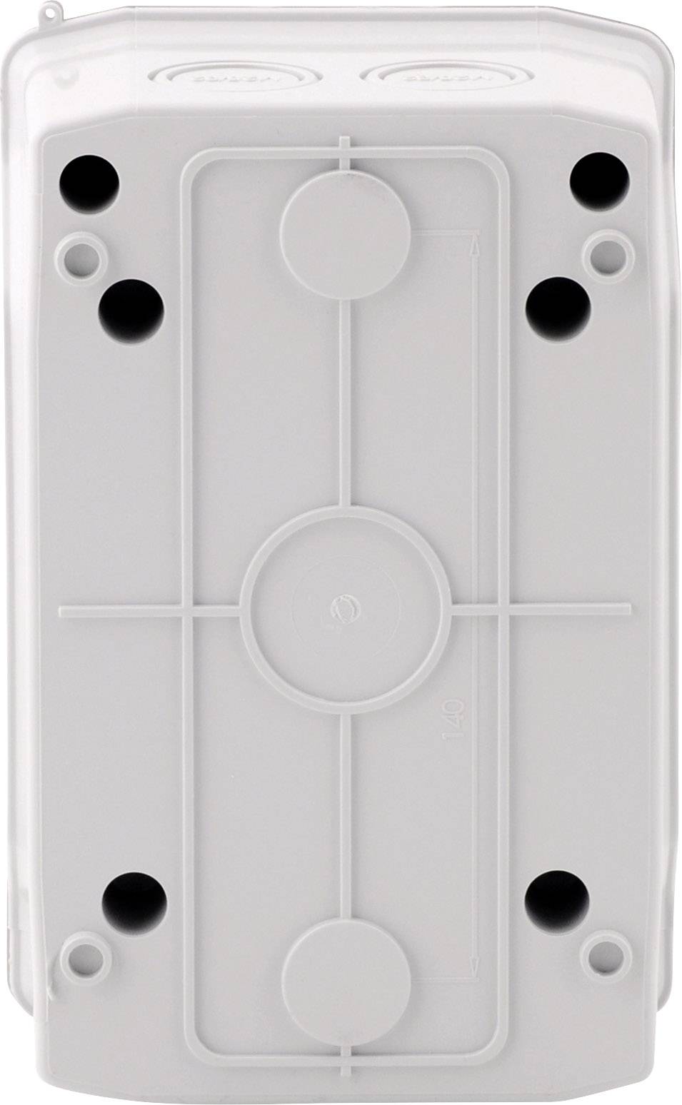 Biała plastikowa skrzynka z wieloma okrągłymi i podłużnymi wgłębieniami, prawdopodobnie element obudowy elektrycznej.