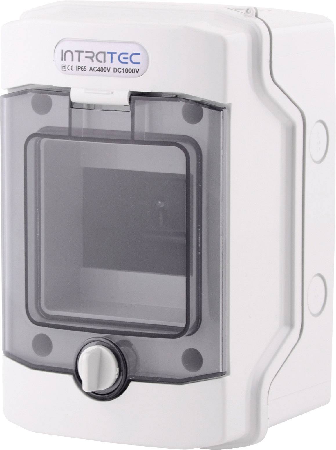 Biała skrzynka z tworzywa sztucznego z przezroczystą klapą, przeznaczona do instalacji elektrycznych. Oznaczenie 'INTRATEC' widoczne na górnej części.