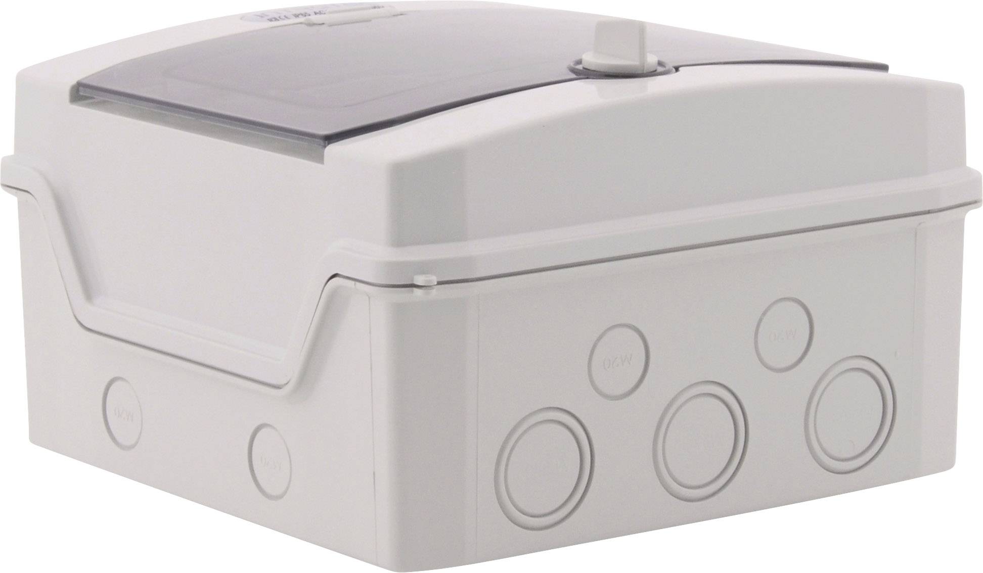 Szary, prostokątny elektryczny rozdzielacz z zdejmowalną pokrywą i kilkoma okrągłymi otworami po bokach.