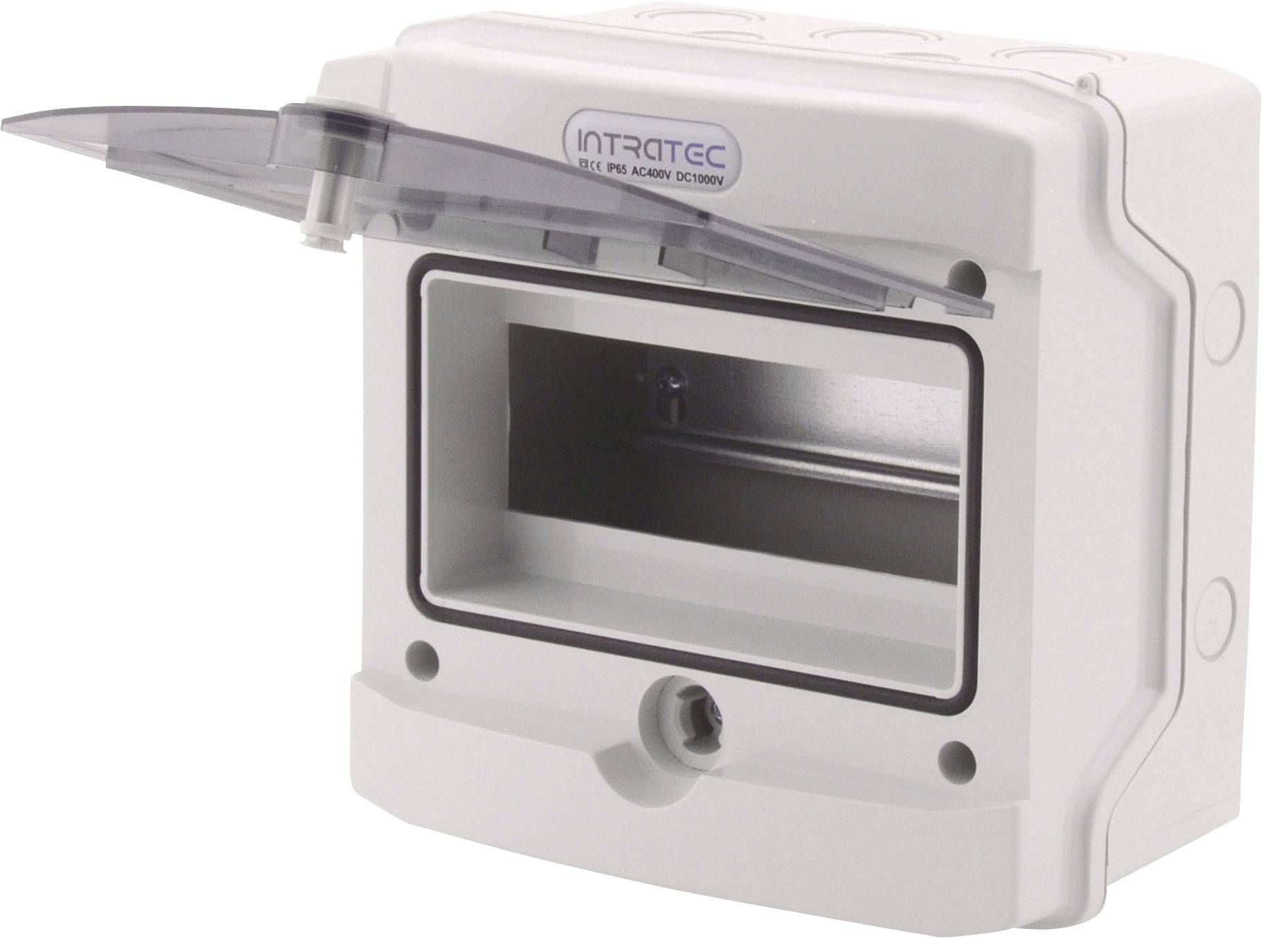 Pusta, biała obudowa z tworzywa sztucznego z składaną, przezroczystą pokrywą, odpowiednia do instalacji elementów elektrycznych.