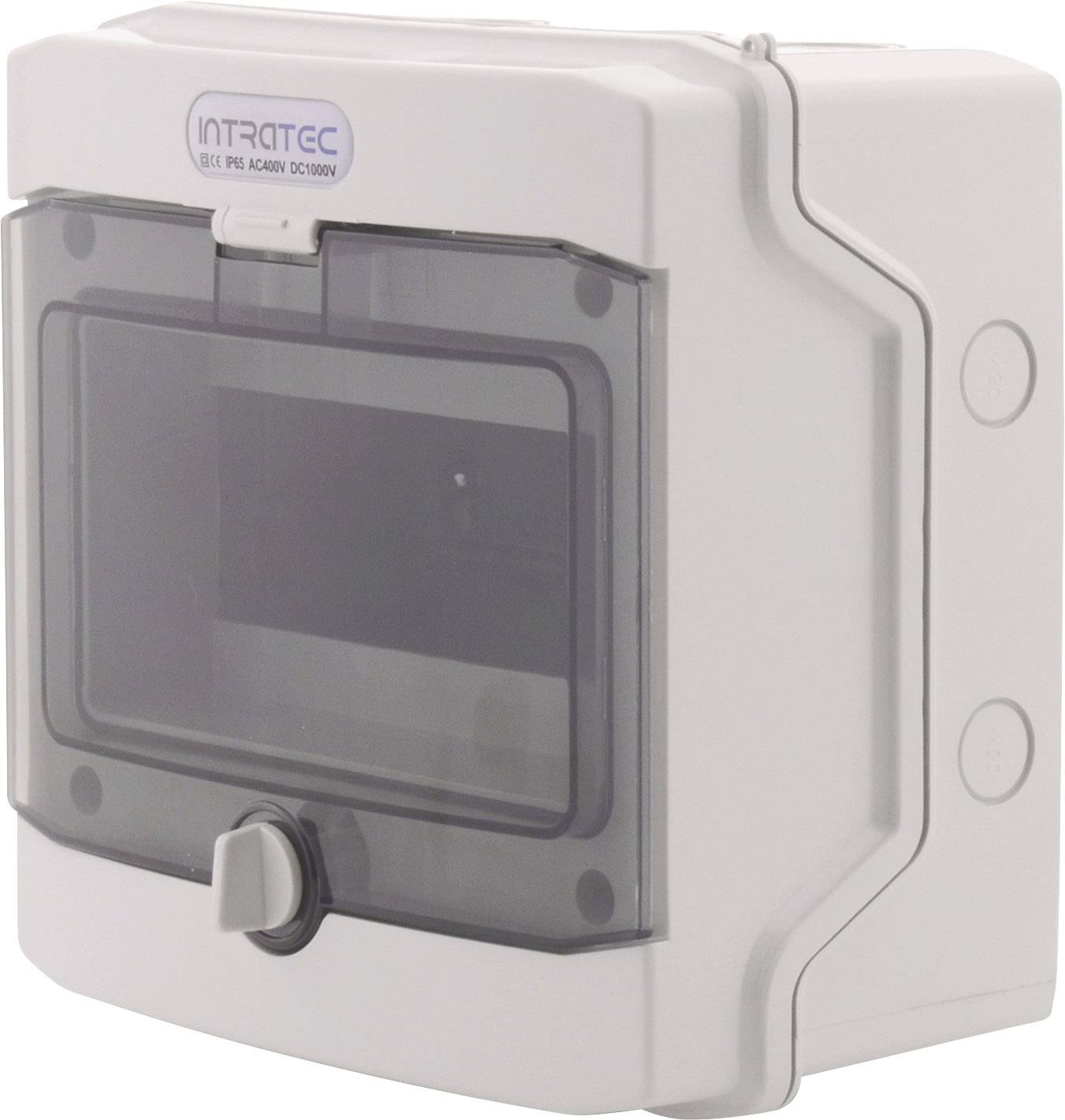 Szare obudowa z tworzywa sztucznego z przezroczystą pokrywą, przeznaczona do zastosowań elektrycznych. Z przodu zamontowany zamek.