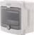 Szare obudowa z tworzywa sztucznego z przezroczystą pokrywą, przeznaczona do zastosowań elektrycznych. Z przodu zamontowany zamek.