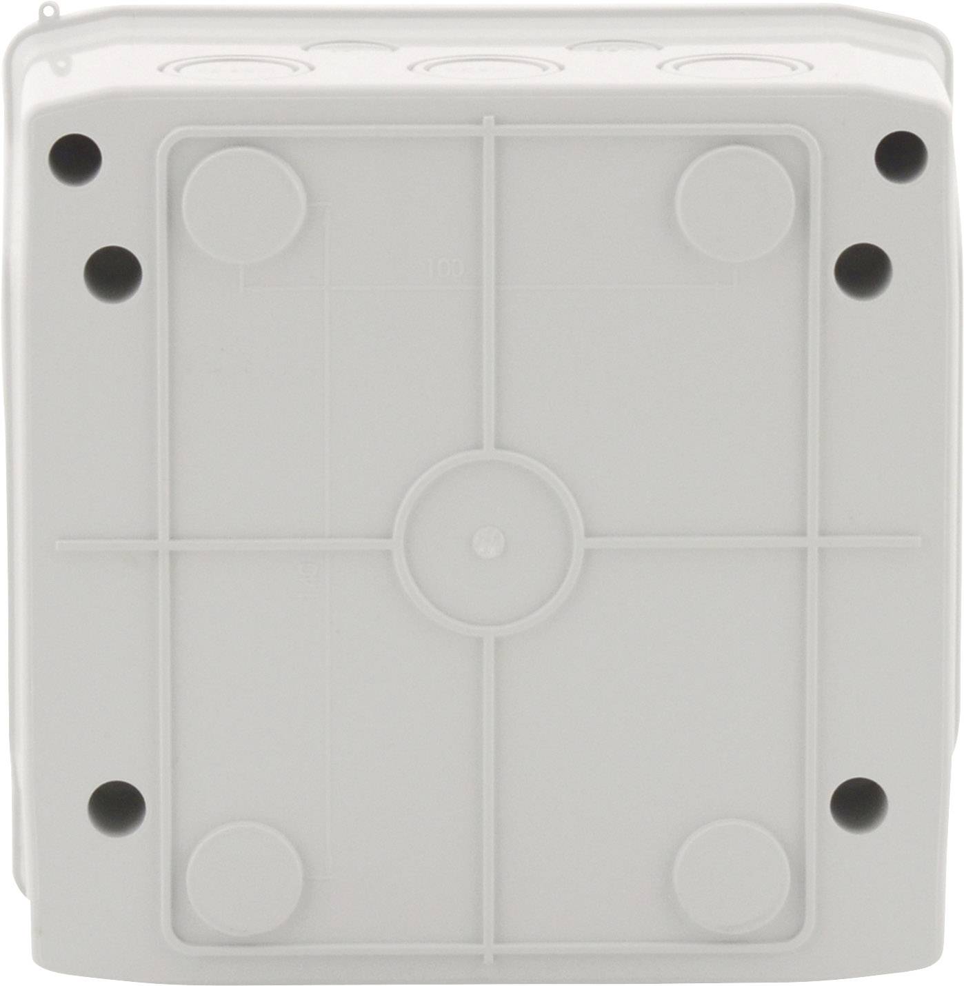 Kwadratowe, szare pudełko z okrągłymi wypustkami i sześcioma otworami w narożnikach, prawdopodobnie obudowa elektryczna.