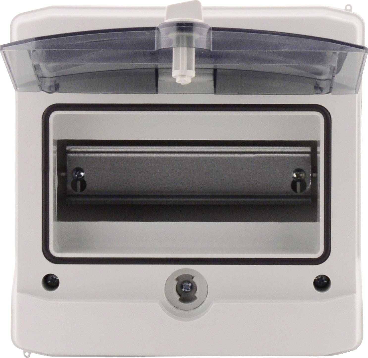 Szara skrzynka bezpiecznikowa z przezroczystą pokrywą. Odpowiednia do stosowania na zewnątrz do zabezpieczania instalacji elektrycznych.