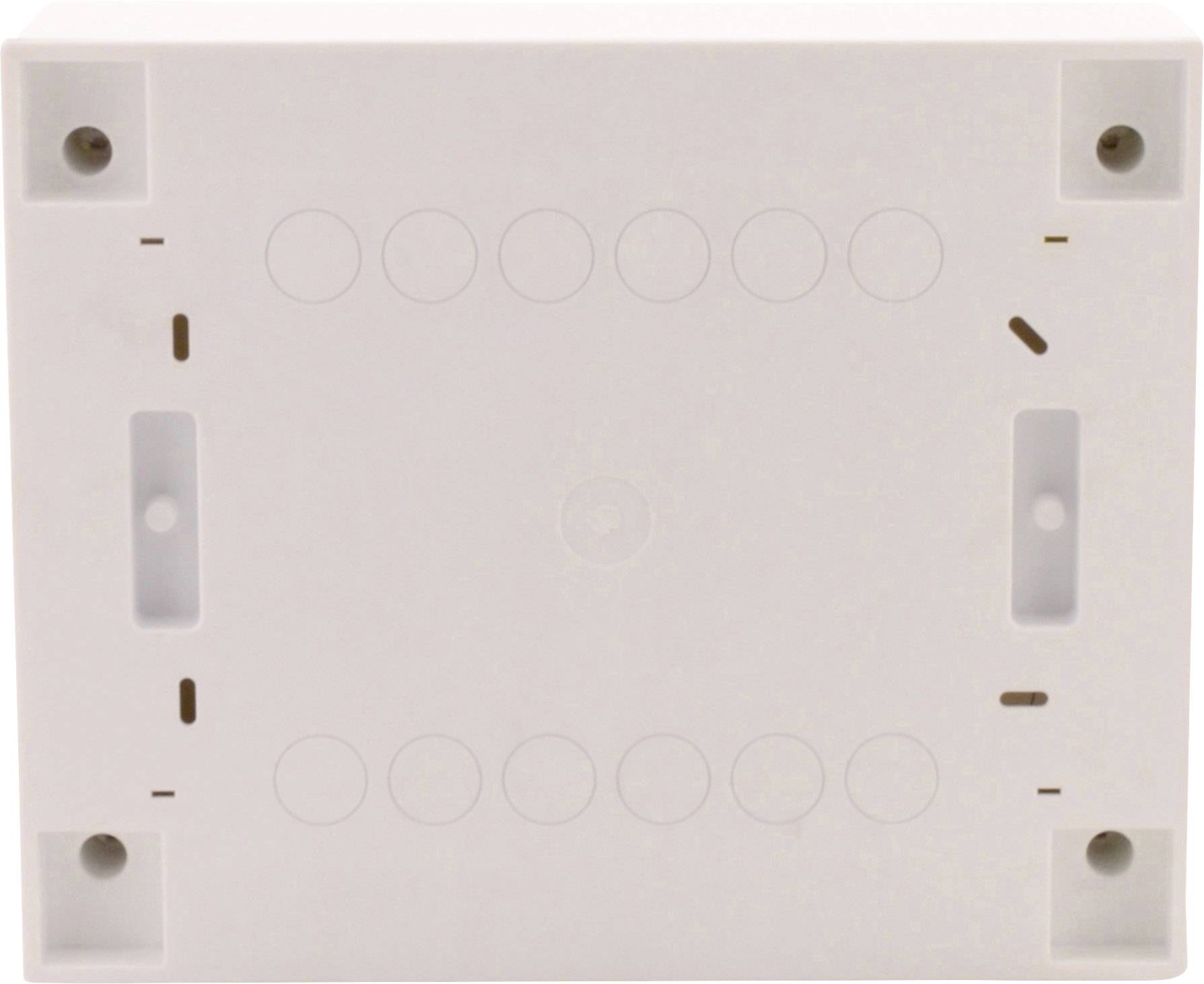 Białowa obudowa z tworzywa sztucznego z kilkoma okrągłymi wycięciami oraz czterema otworami mocującymi w narożnikach, przeznaczona do instalacji elektrycznej.