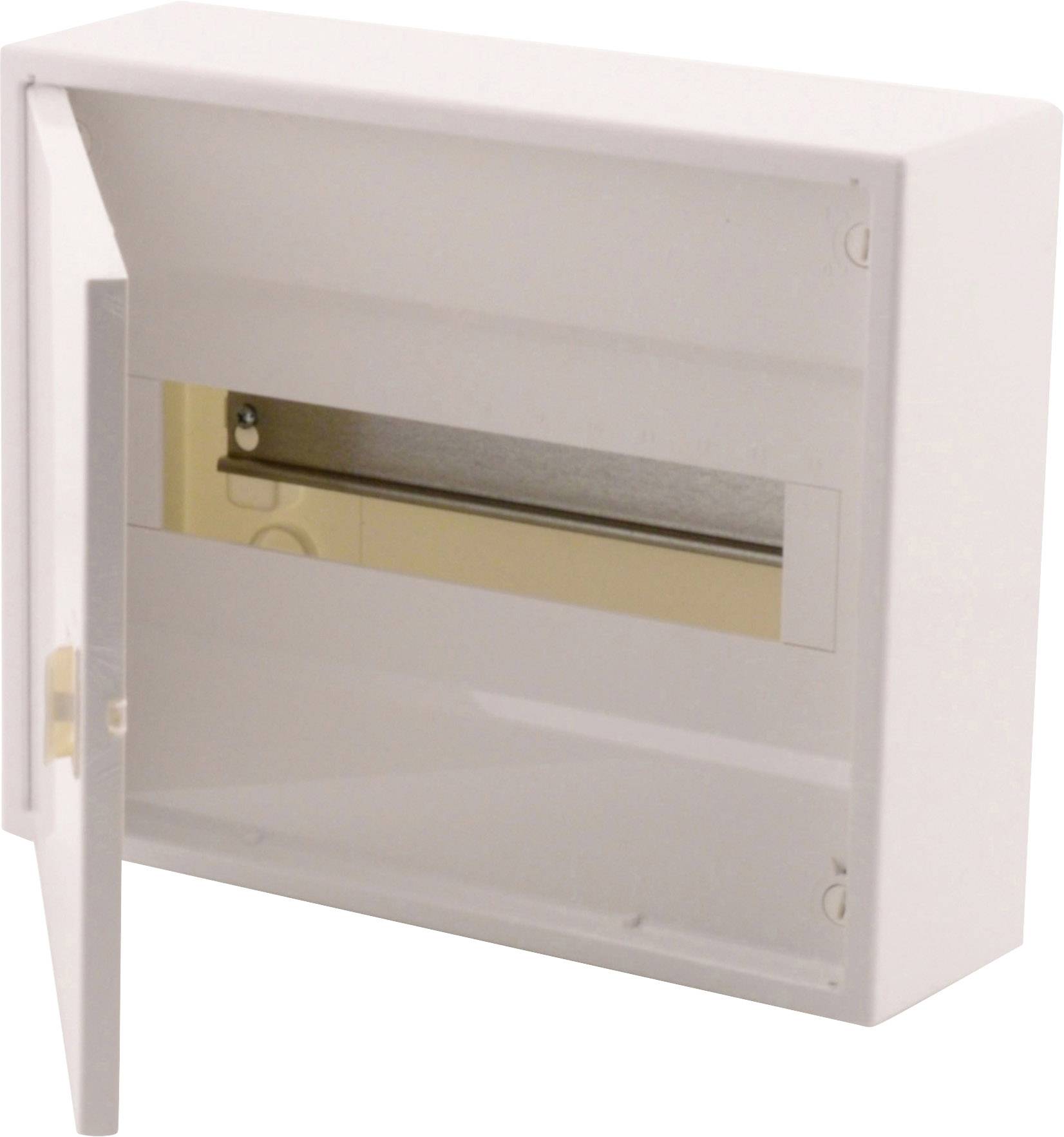 Biały, pusty rozdzielacz elektryczny z otwartymi drzwiczkami. Brak widocznych bezpieczników lub oznaczeń.