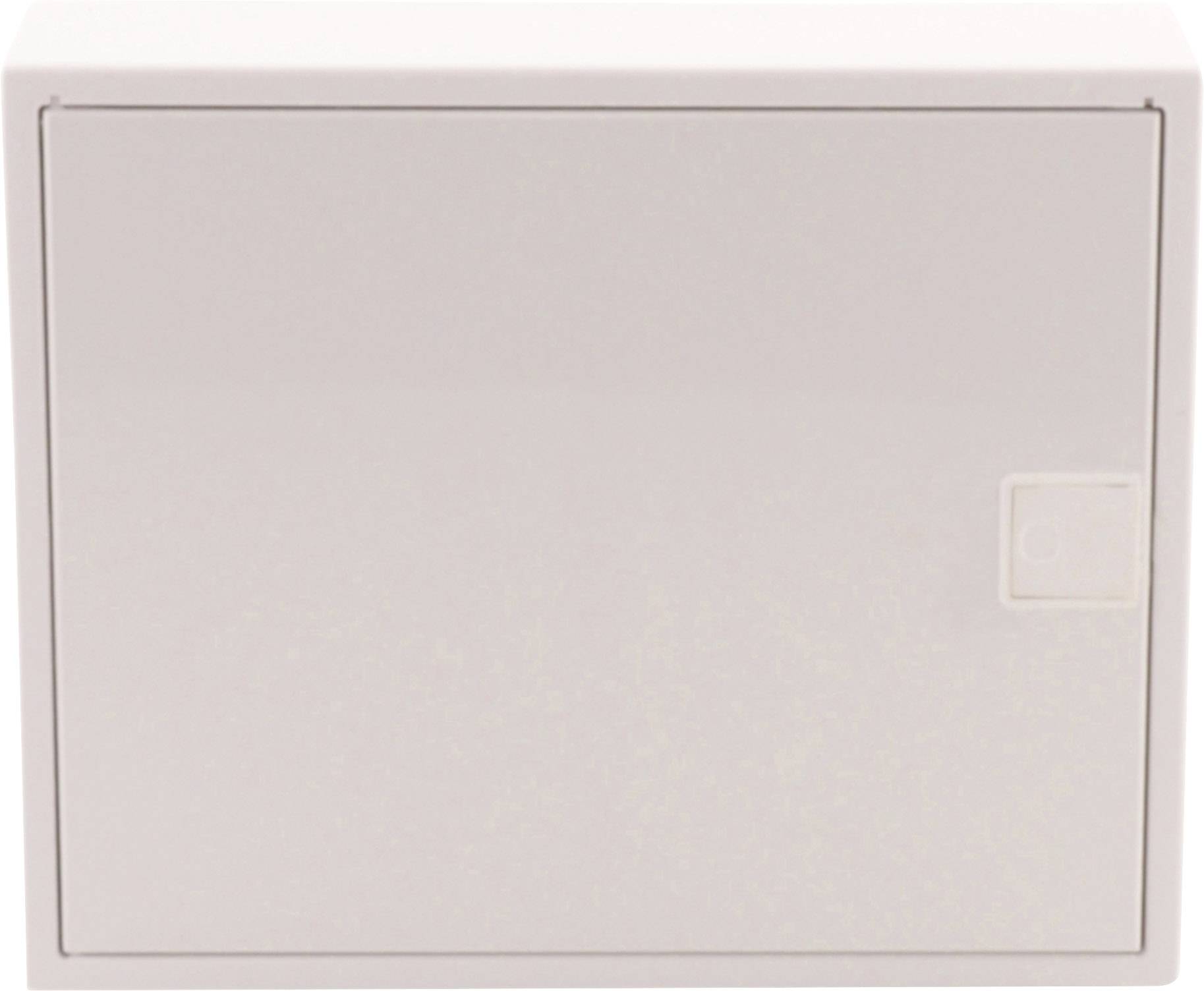 Biała, zamknięta skrzynka z małym prostokątnym uchwytem po prawej stronie.