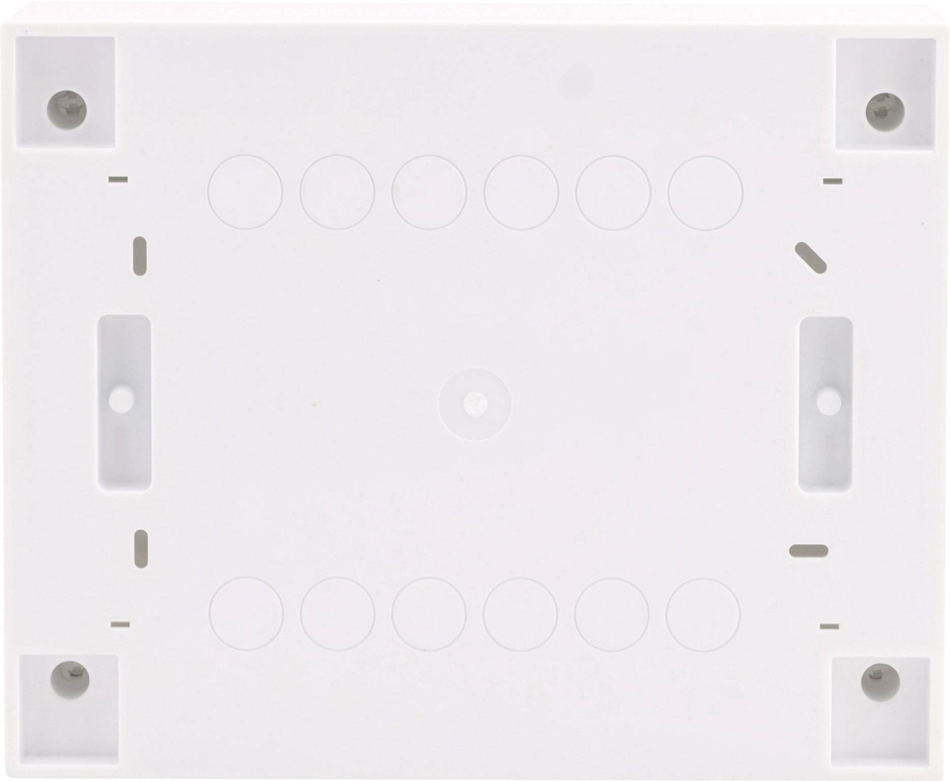Biała plastikowa płyta montażowa z okrągłymi oznaczeniami wzdłuż krawędzi oraz prostokątnymi otworami pośrodku do przeprowadzania kabli.