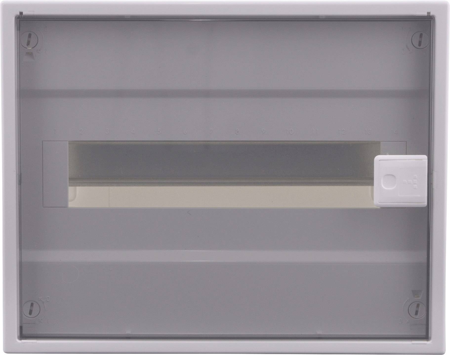 Szare obudowa ochronna z przezroczystą, prostokątną pokrywą i białym przyciskiem zamykającym, nadająca się do montażu.