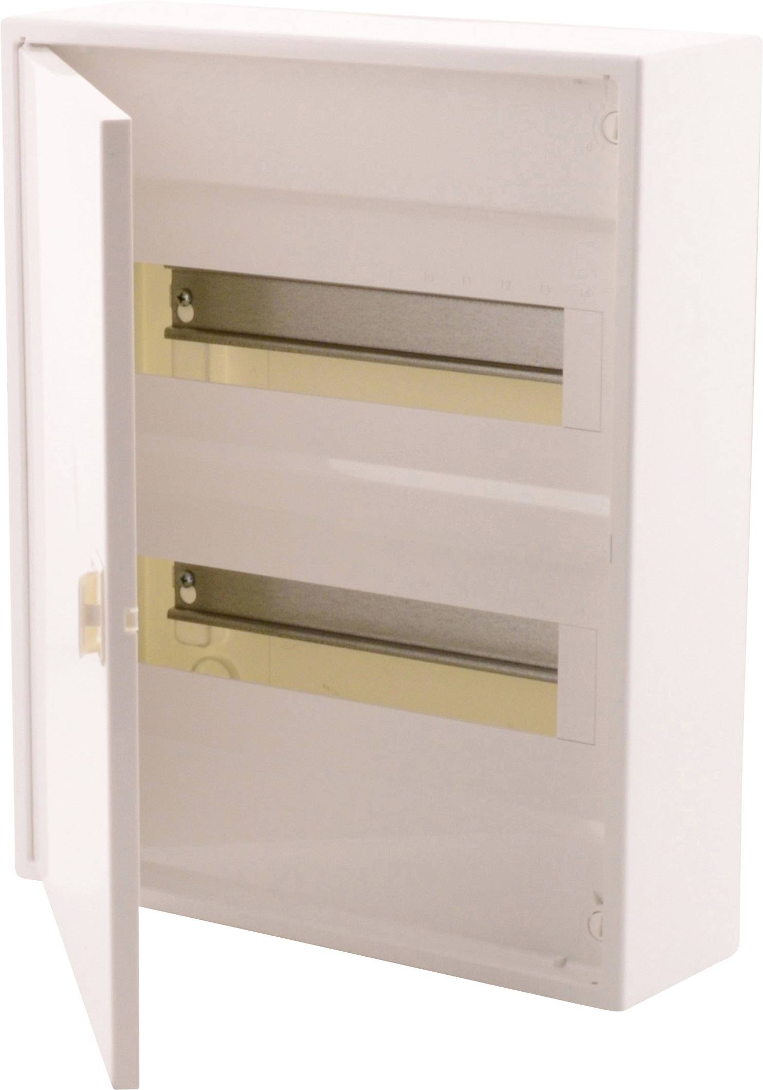 Otwarty biały rozdzielacz elektryczny z dwoma poziomymi szynami do mocowania elementów elektrycznych.