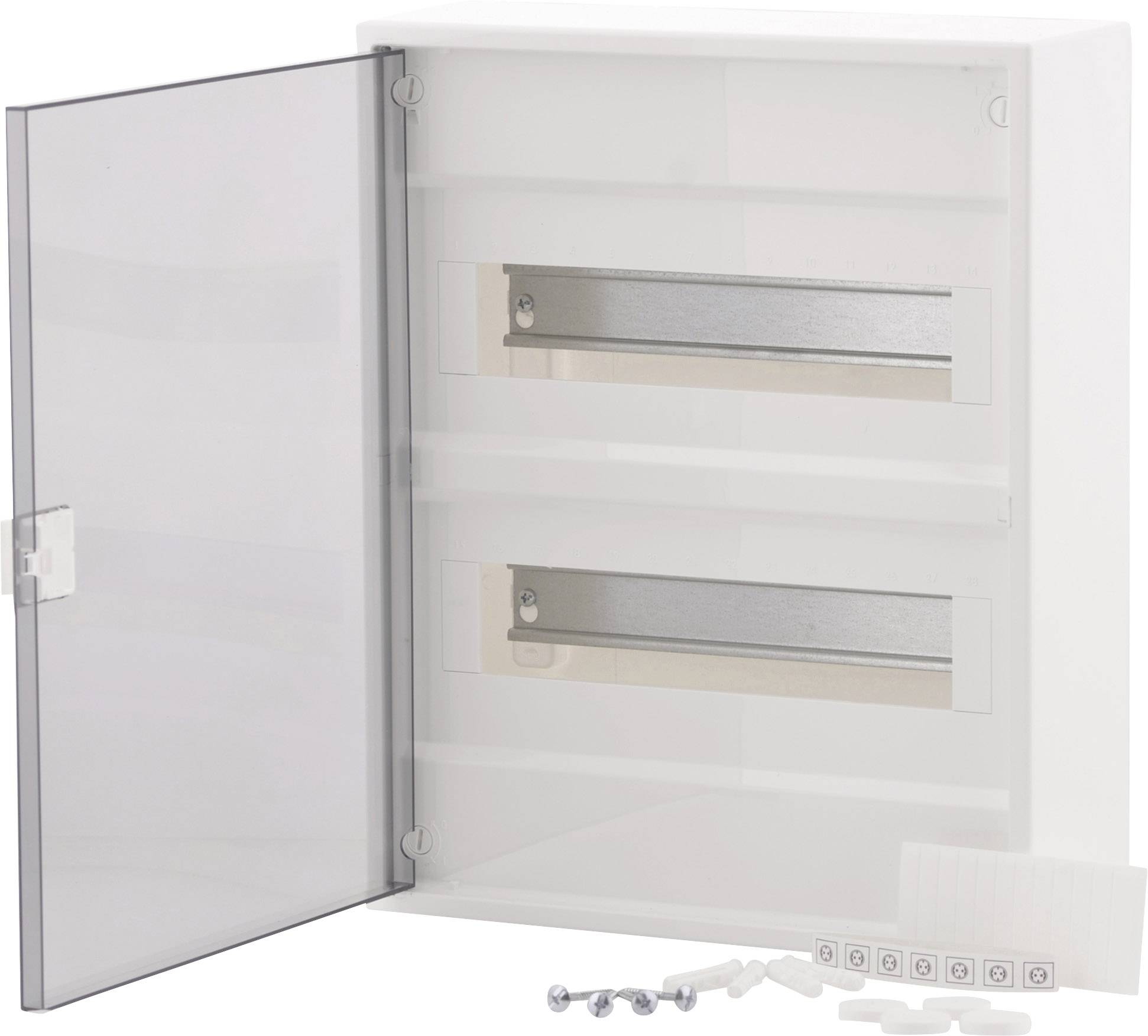 Otwarty, pusty rozdzielacz elektryczny z dwoma poziomymi szynami montażowymi i przezroczystymi drzwiczkami; elementy mocujące na dole.