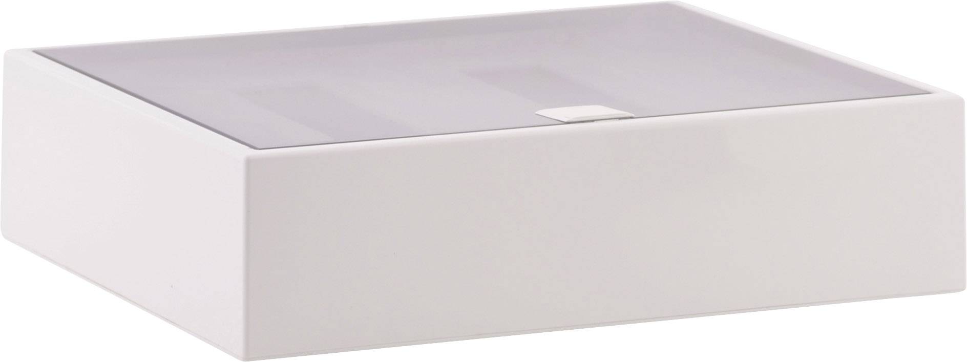 Biała, prostokątna pudełko z gładką, błyszczącą pokrywką.